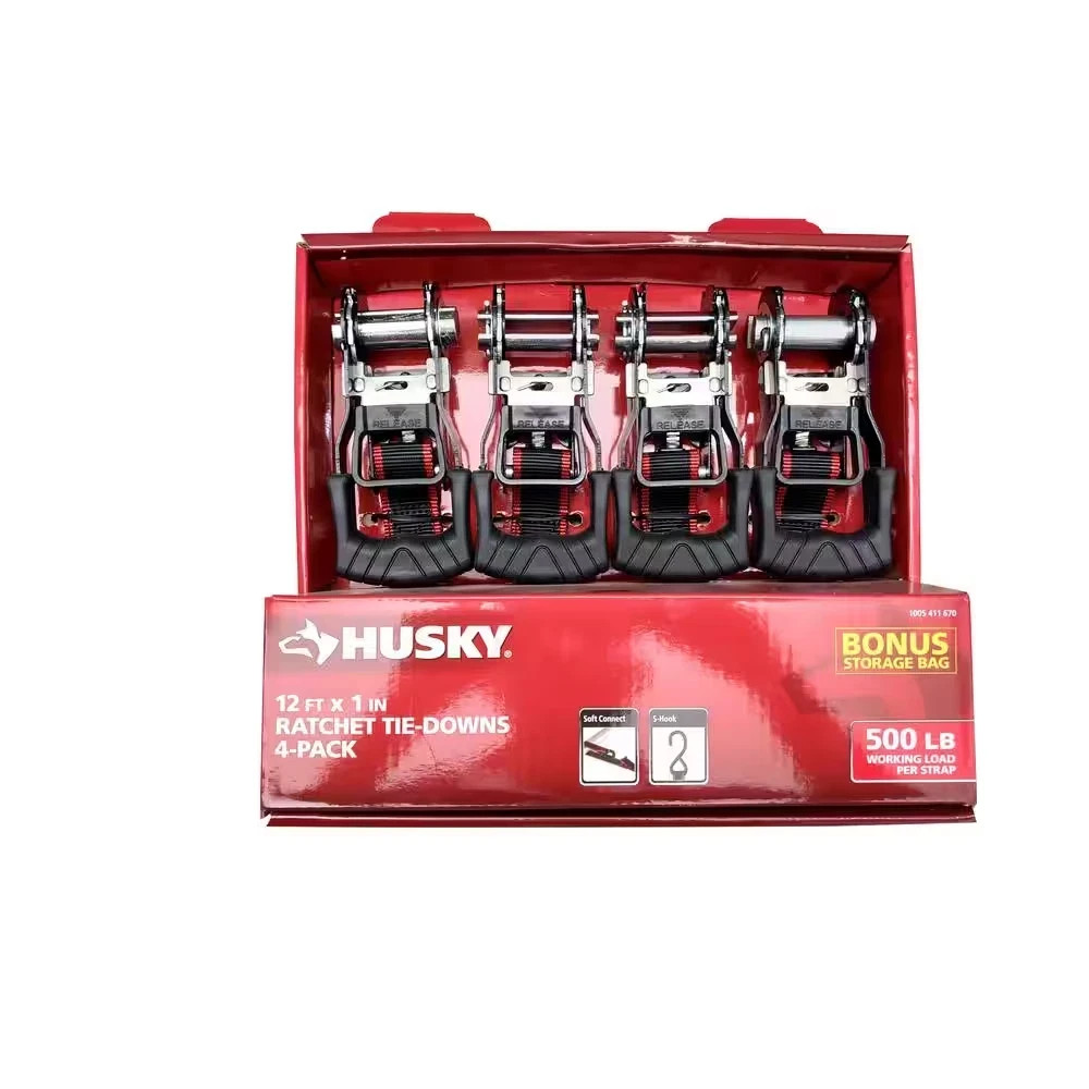 HUSKY RATCHET TIE-DOWN STRAPS 4-PACK 1 in. x 12 ft. Quick Release Hook 1500 lbs.