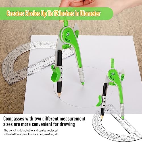 Student Geometry Math Set, Drawing Compass and 6 Inch Clear Swing Arm Green