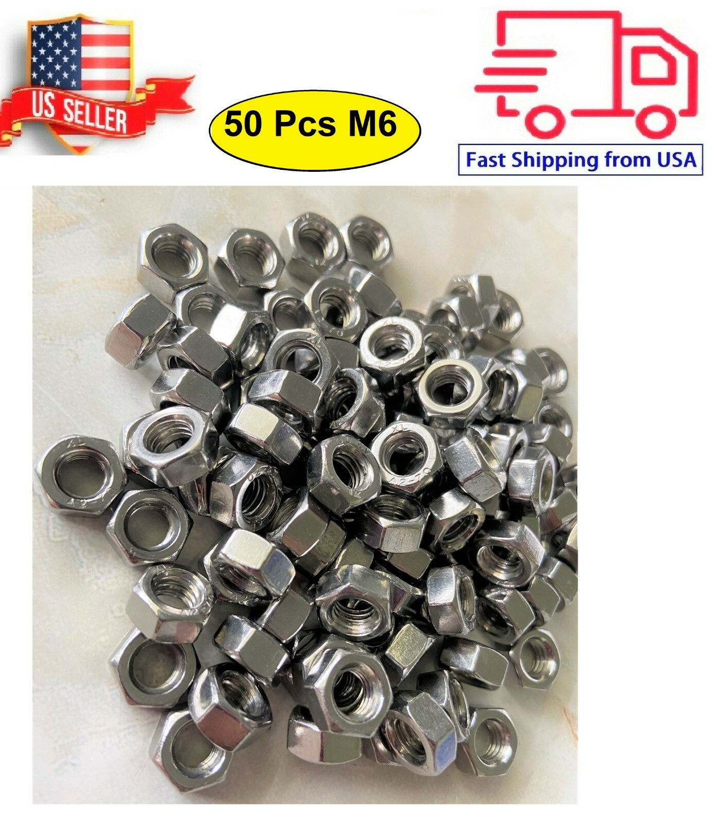(QTY:50) M6 x 1.00 Stainless Steel DIN934 Metric Finished Hex Nut 6mm-1.0mm
