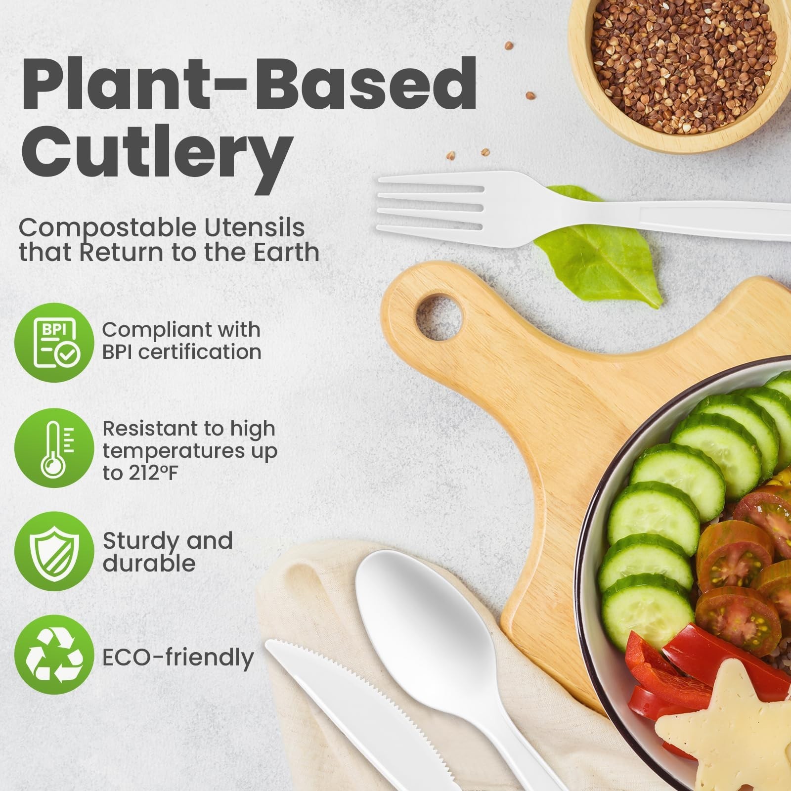 Compostable Utensils Set (300Pack), Heavy Duty & Eco-Friendly No-Plastic Spoo...