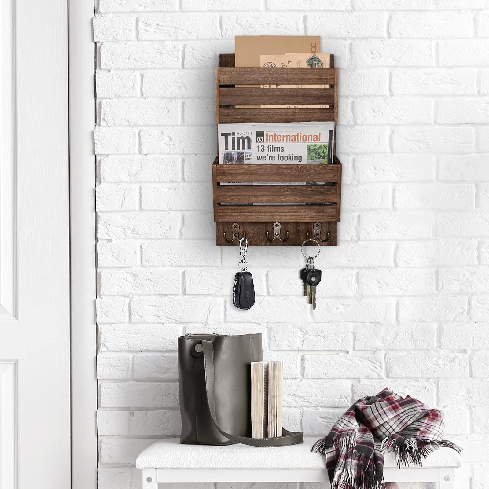 Unistyle Mail Organizer with 4 Hooks, Rustic Brown Wall Mount, Cedar Wood Key...