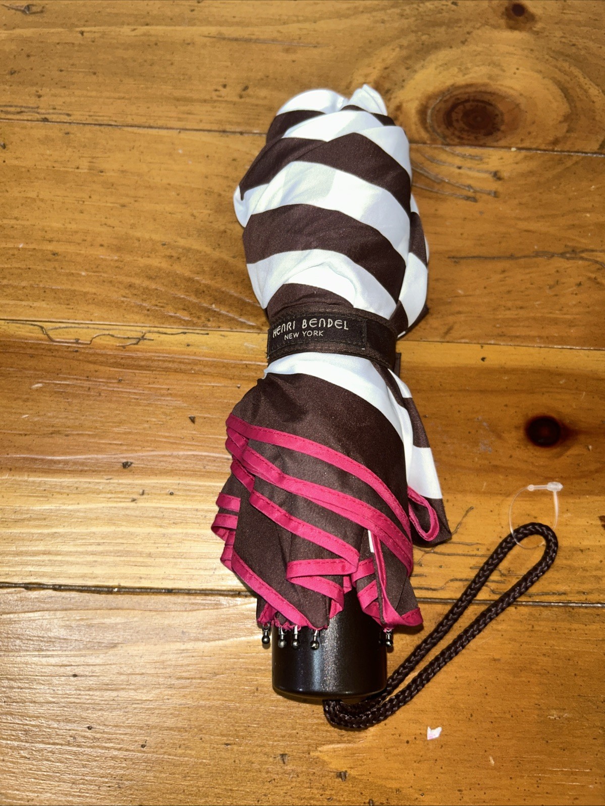 Henri Bendel Brown Pink White Striped Collapsible Umbrella No Case