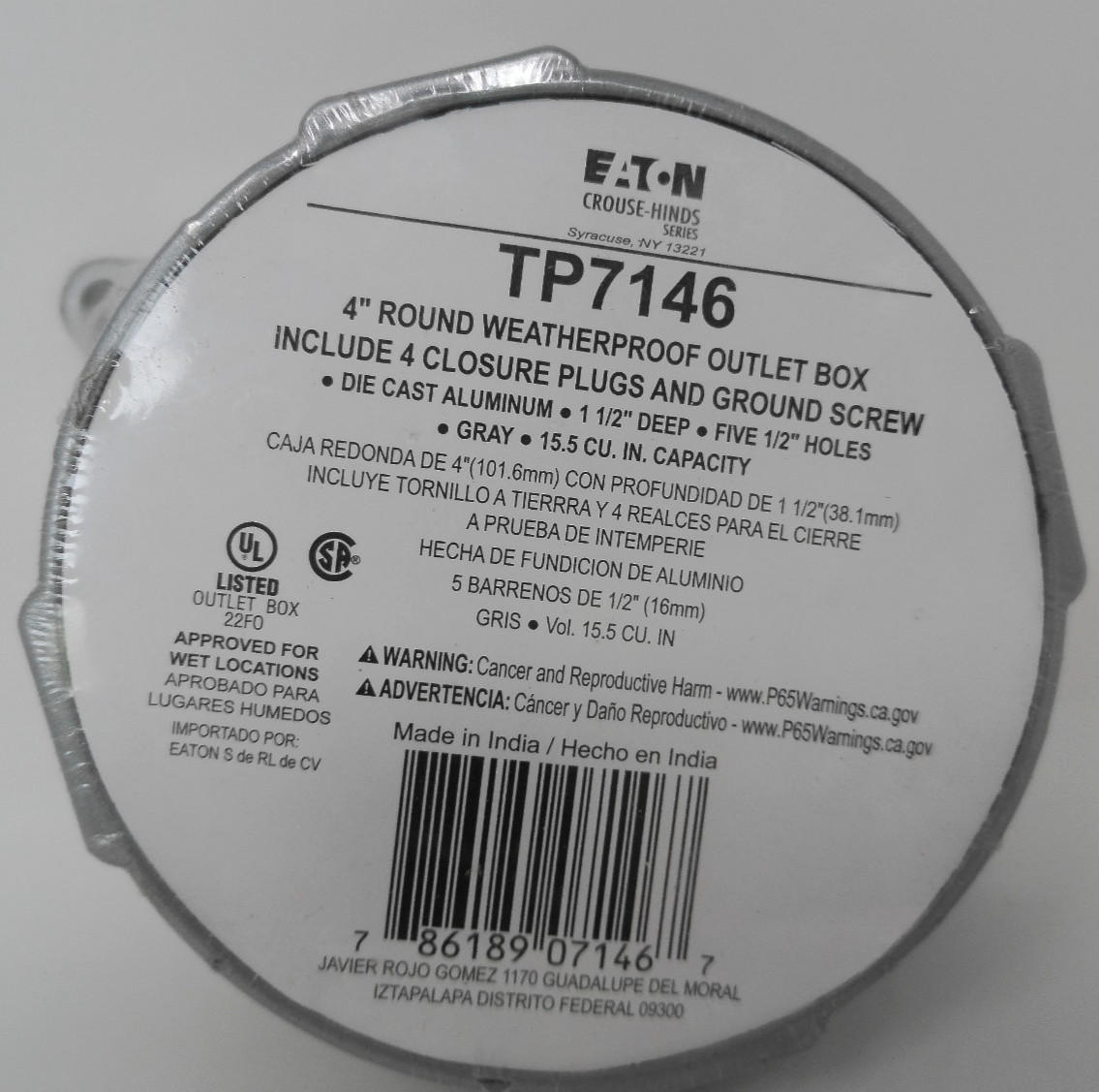 Weatherproof Outlet Box EATON TP7146 4" Round