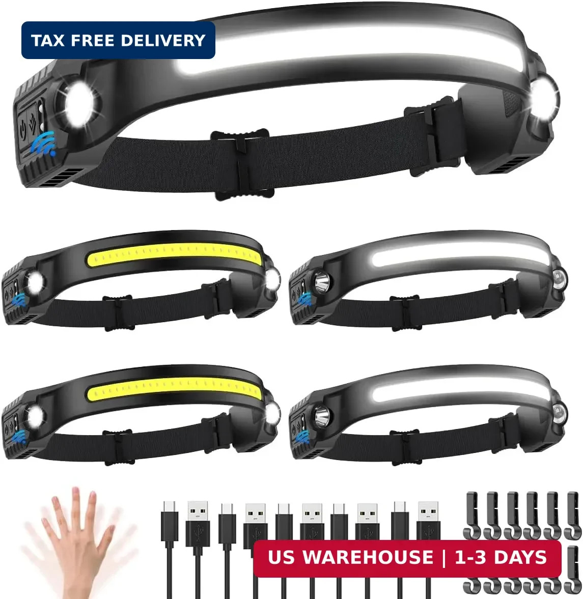 5PCS LED Headlamps – Rechargeable Motion Sensor 230° Wide Beam