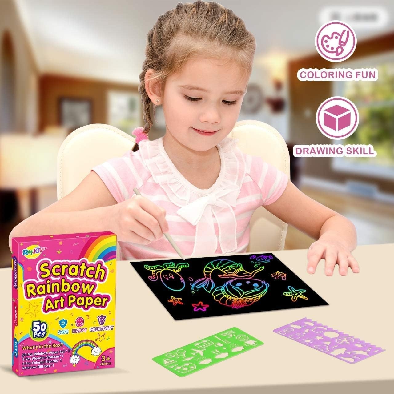 Creative Rainbow Scratch Art Set - 50 Scratch Papers with Stencils for Ages 3-12