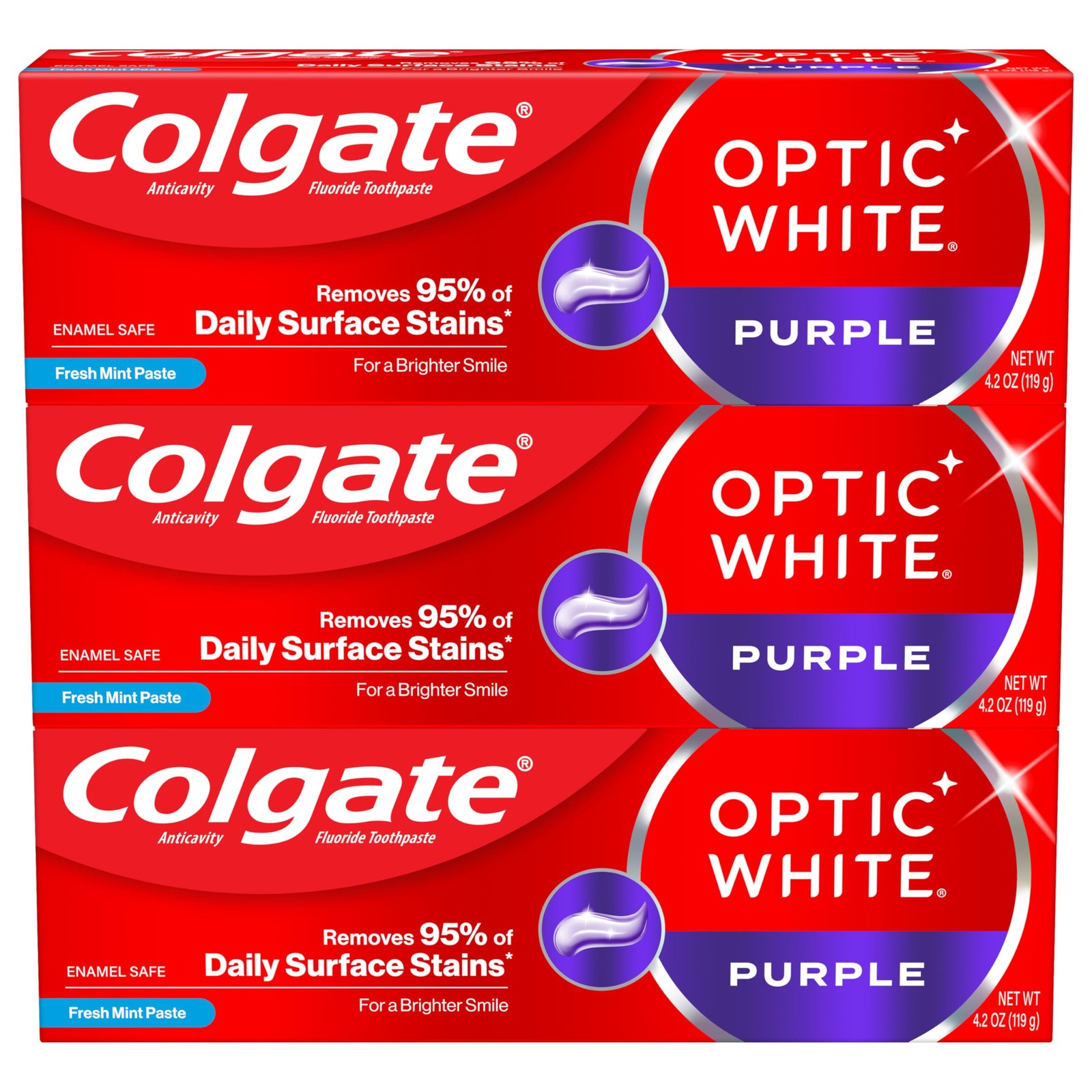 Colgate Optic White Purple Toothpaste for Whitening, 4.2 Fl Oz (Pack of 3)