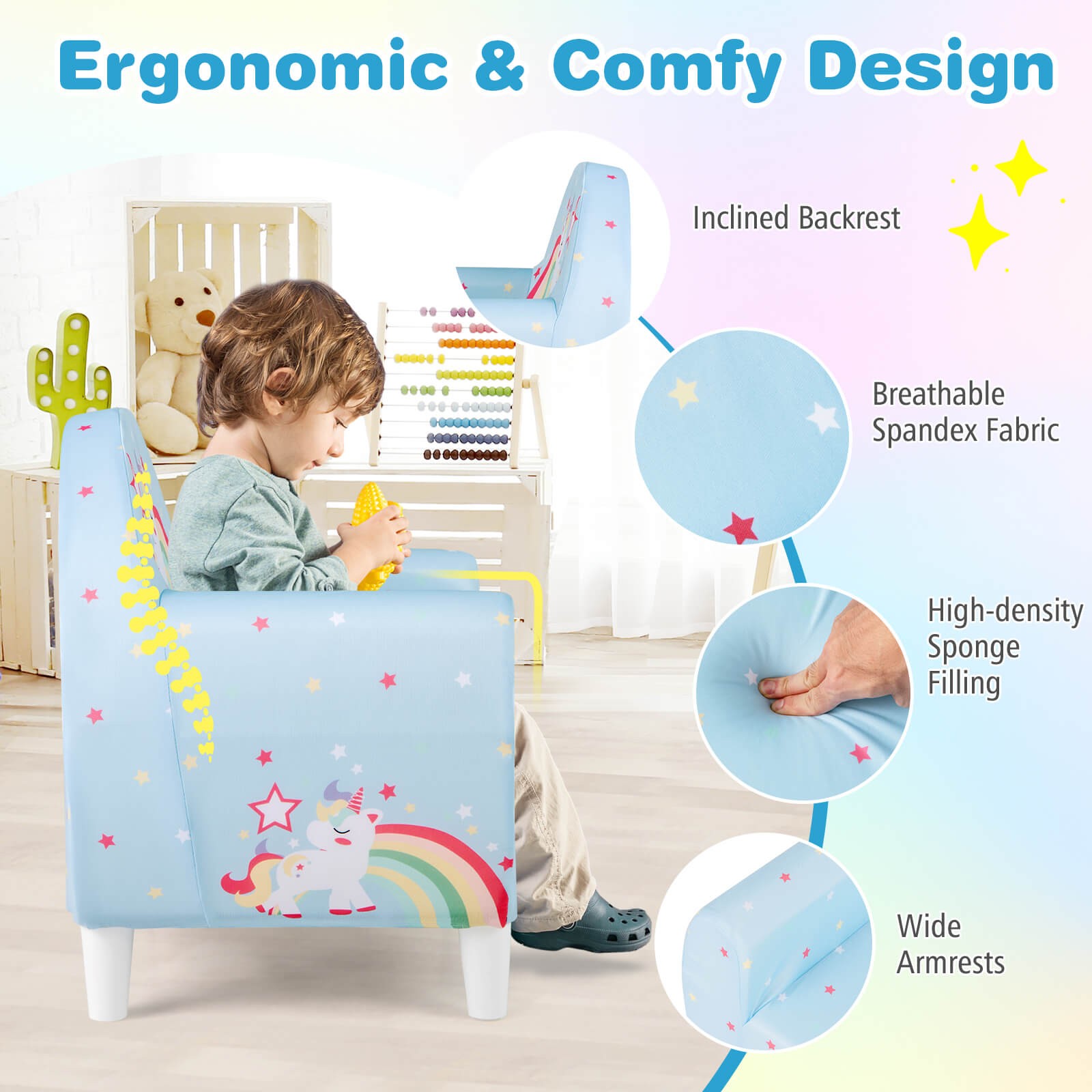 Kids Sofa w/Breathable Spandex Fabric High-density Sponge Filling for Boys Girls