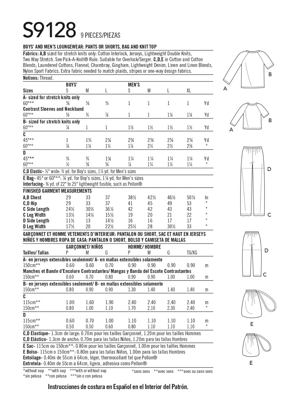 Simplicity 9128 EASY Men Boy Raglan Pullover Tops Pant Short Loungewear Pattern
