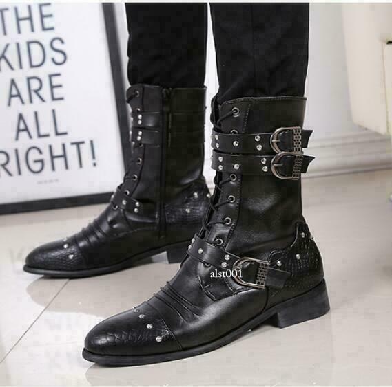 Autumn Men's Lace Up Zip Rivet Punk Rock Boots Goth Band Motorcycle Riding Shoes