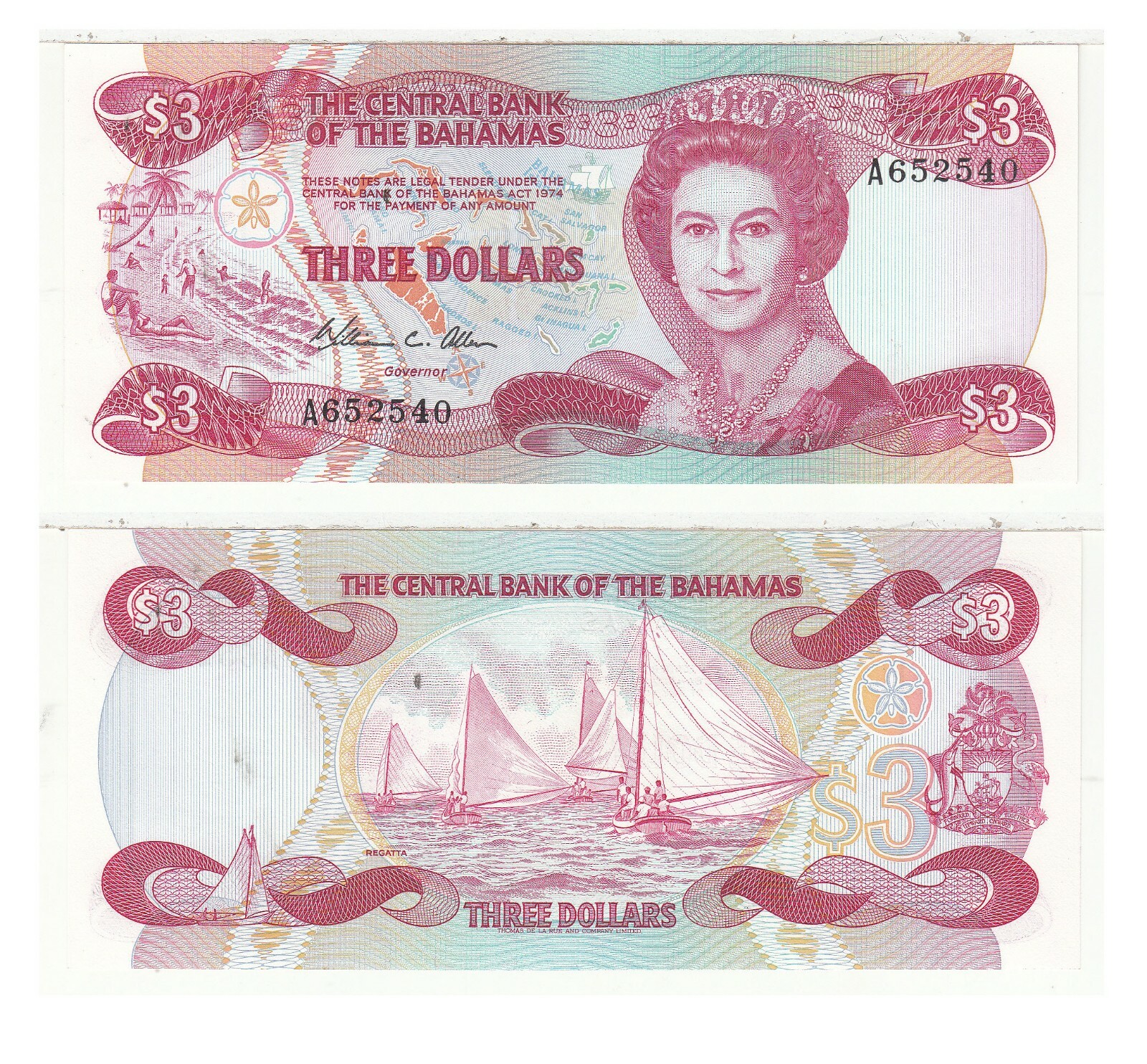 1984 Bahamas $3 The Central Bank Of The Bahamas Pick #44 Uncirculated