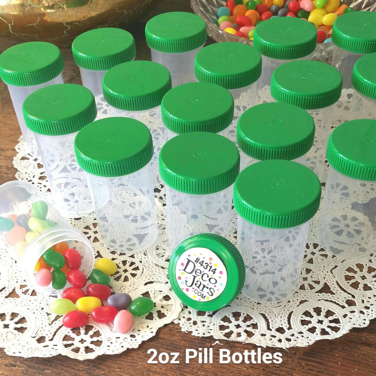 10 Pill Bottle Jars Green Cap Lid Party Favor 2 oz  Container #4314 DecoJars USA