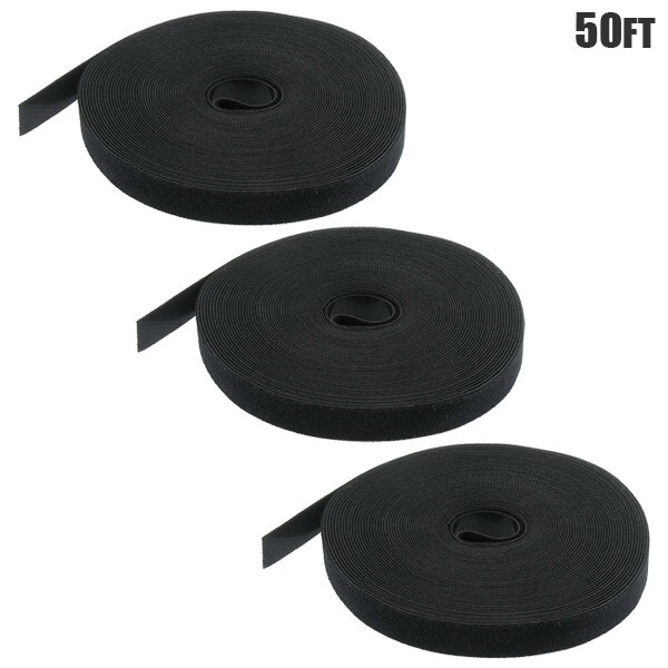 3 Pcs 50FT Reusable Hook Loop Self Attaching Cable Tie Fastening Tape Roll Black