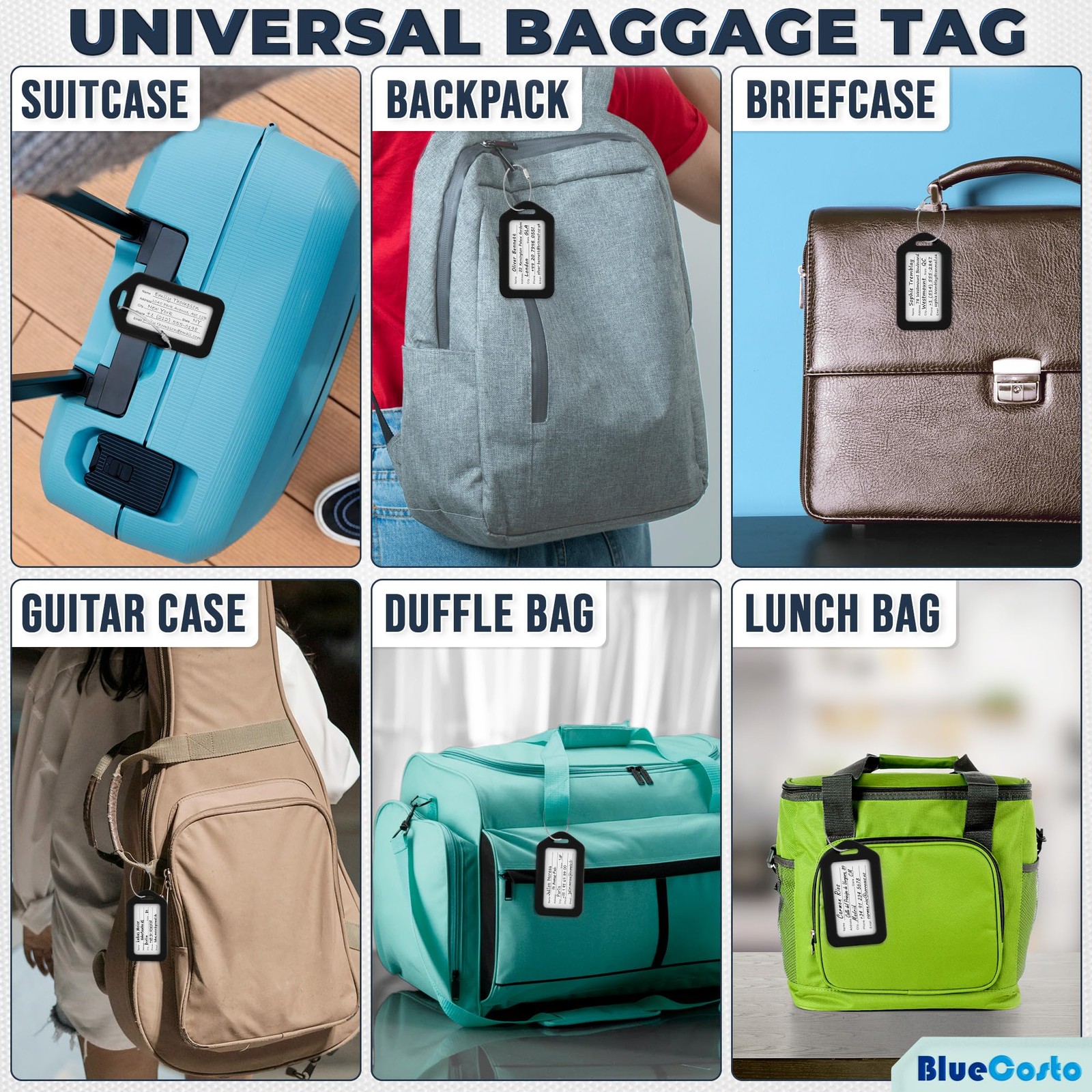 BlueCosto - Luggage Tags - Black, 10 Pack - Suitcase with Name 10, Black