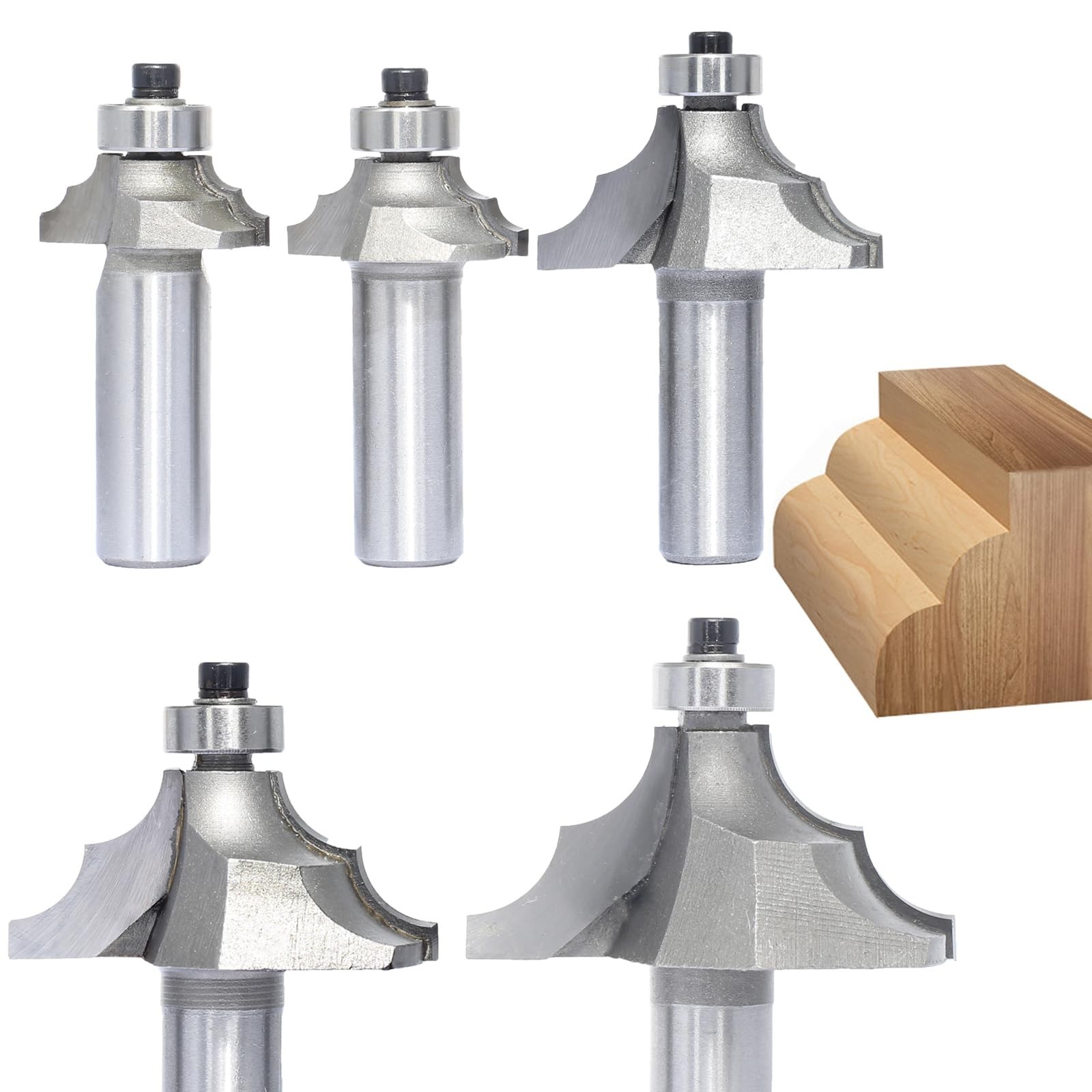 5Pcs Bearing Guided Bead Ovolo Bit Set,1/2" Shank Double Ribbed Ovolo Bits wi...