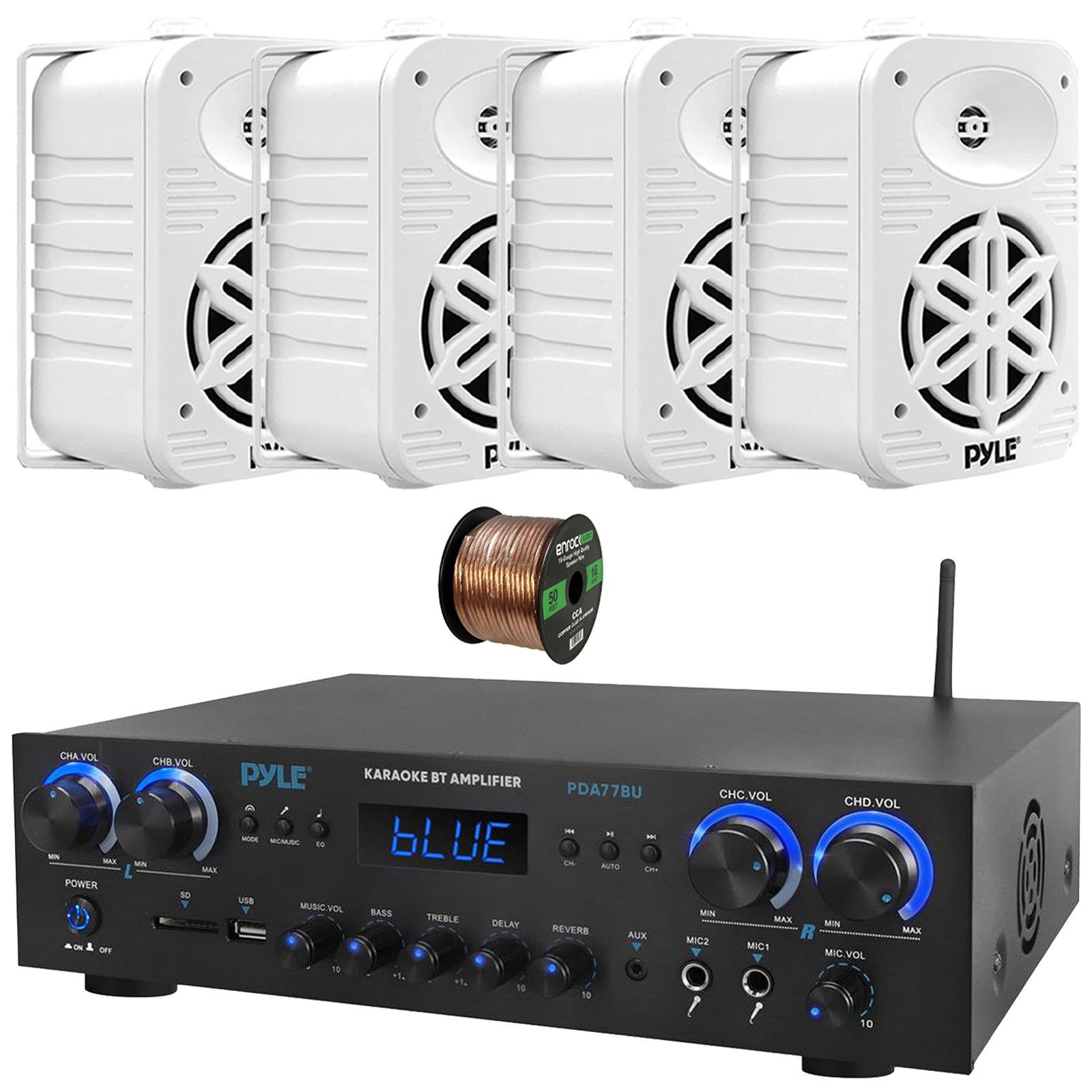 Pyle PDA77BU Bluetooth Receiver, 4x 5.25" 500W Max Power White Speakers, Wire