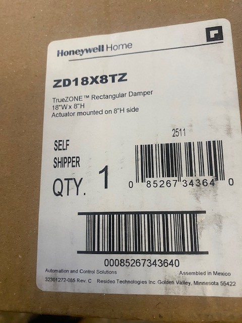 Honeywell ZD18X8TZ/U; ZD18X8TZ Damper (Aluminum, 24v, 18 x 8in, Rectangular)