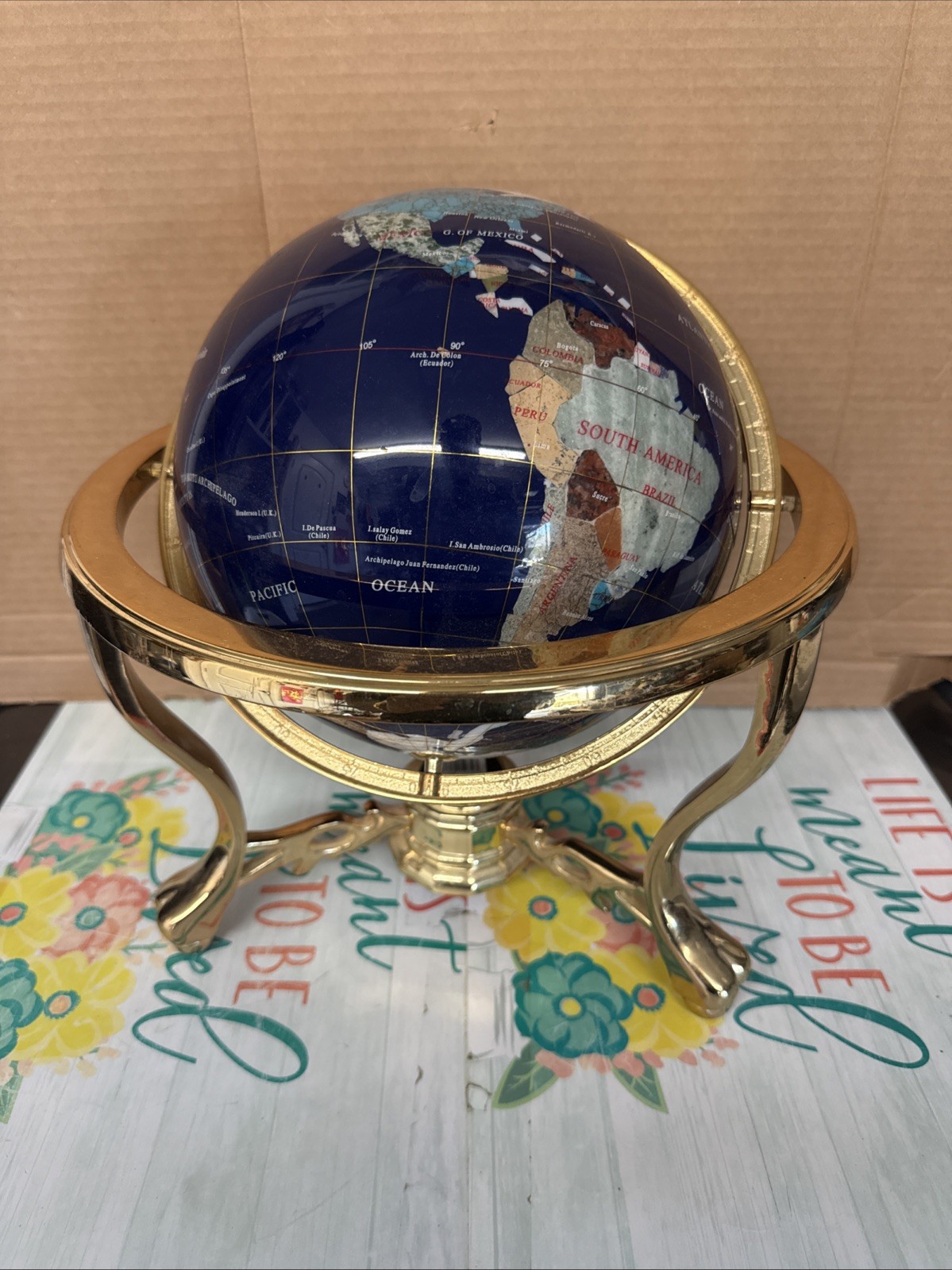 Vintage Large Blue Mineral Gemstone Globe In Brass Gimbal Gradle Compass In Base