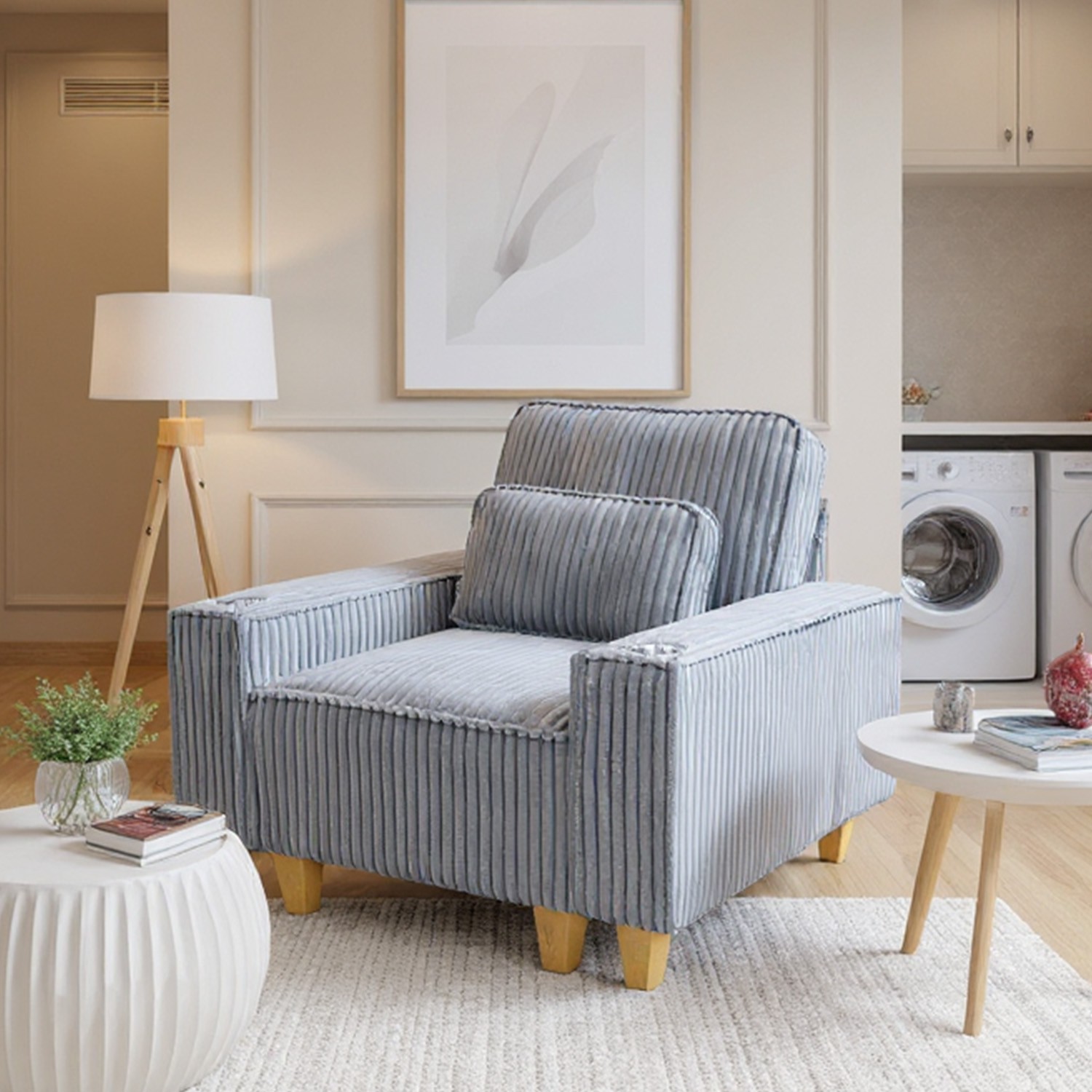 Gray Corduroy Accent Chair Deep Seat Armchair with Cup Holder Pillow Living Room