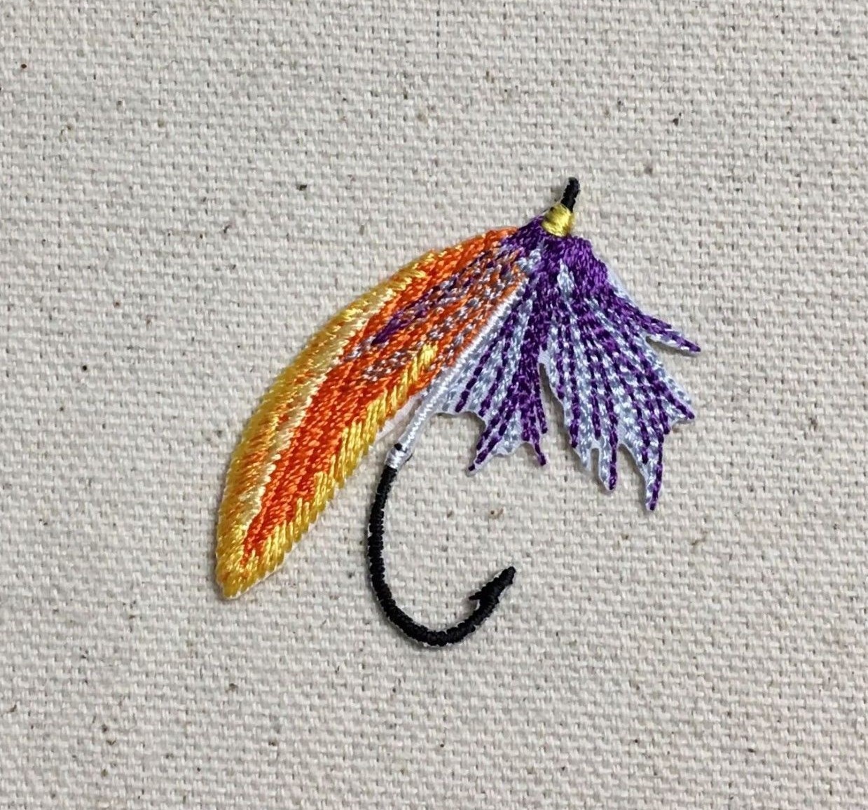 S - Fly Fishing Lure/Hook Orange/Purple - Iron on Applique/Embroidered Patch