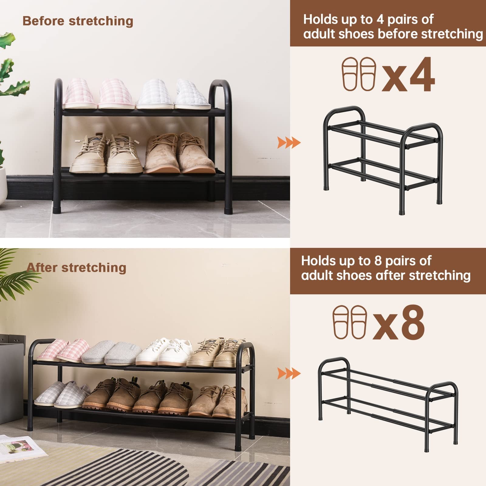 2-Tier Expandable Shoe Rack,Adjustable Shoe Shelf Storage Organizer Heavy Dut...