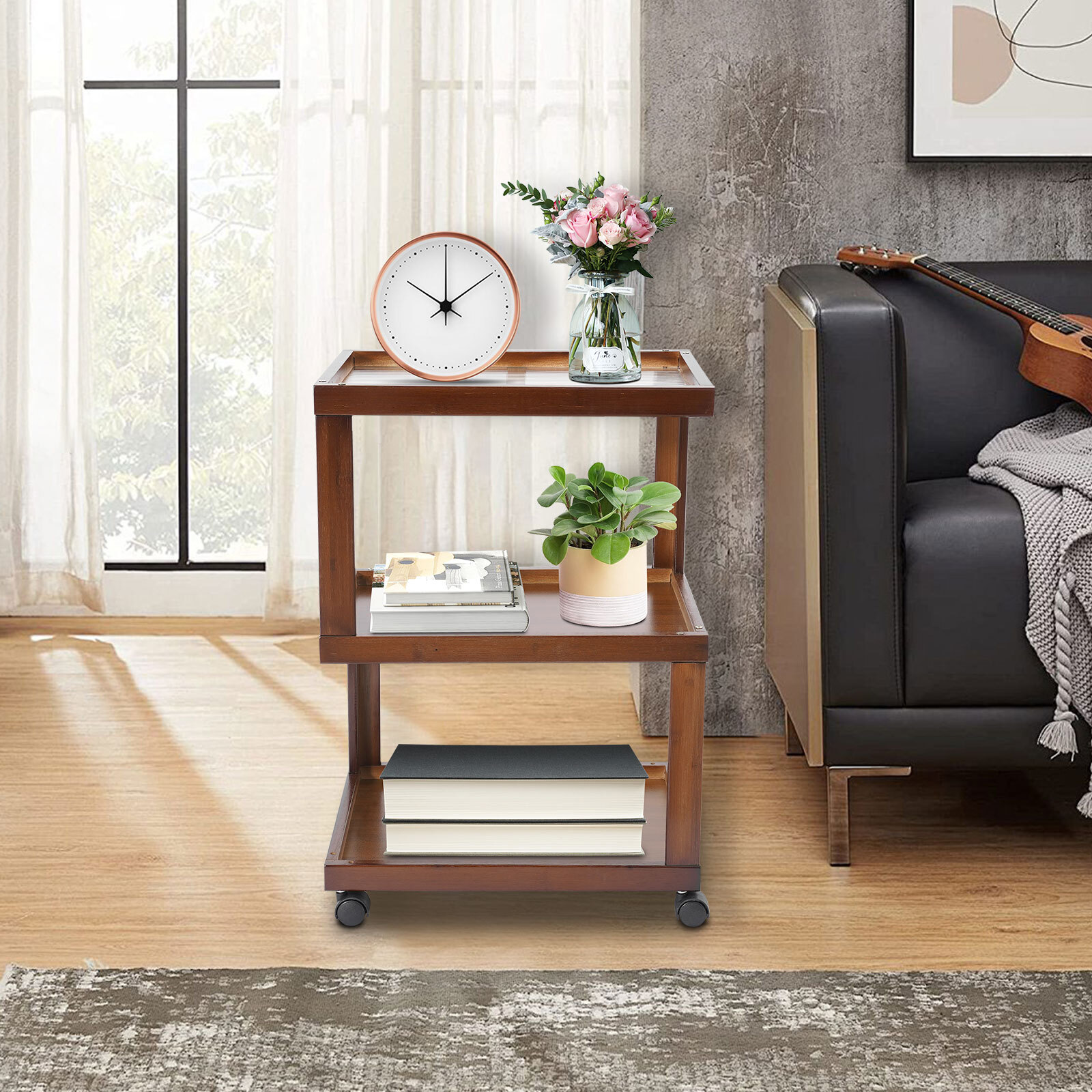 End Table 3-Tier Wood Nightstand End Table for Small Spaces with Open Storage