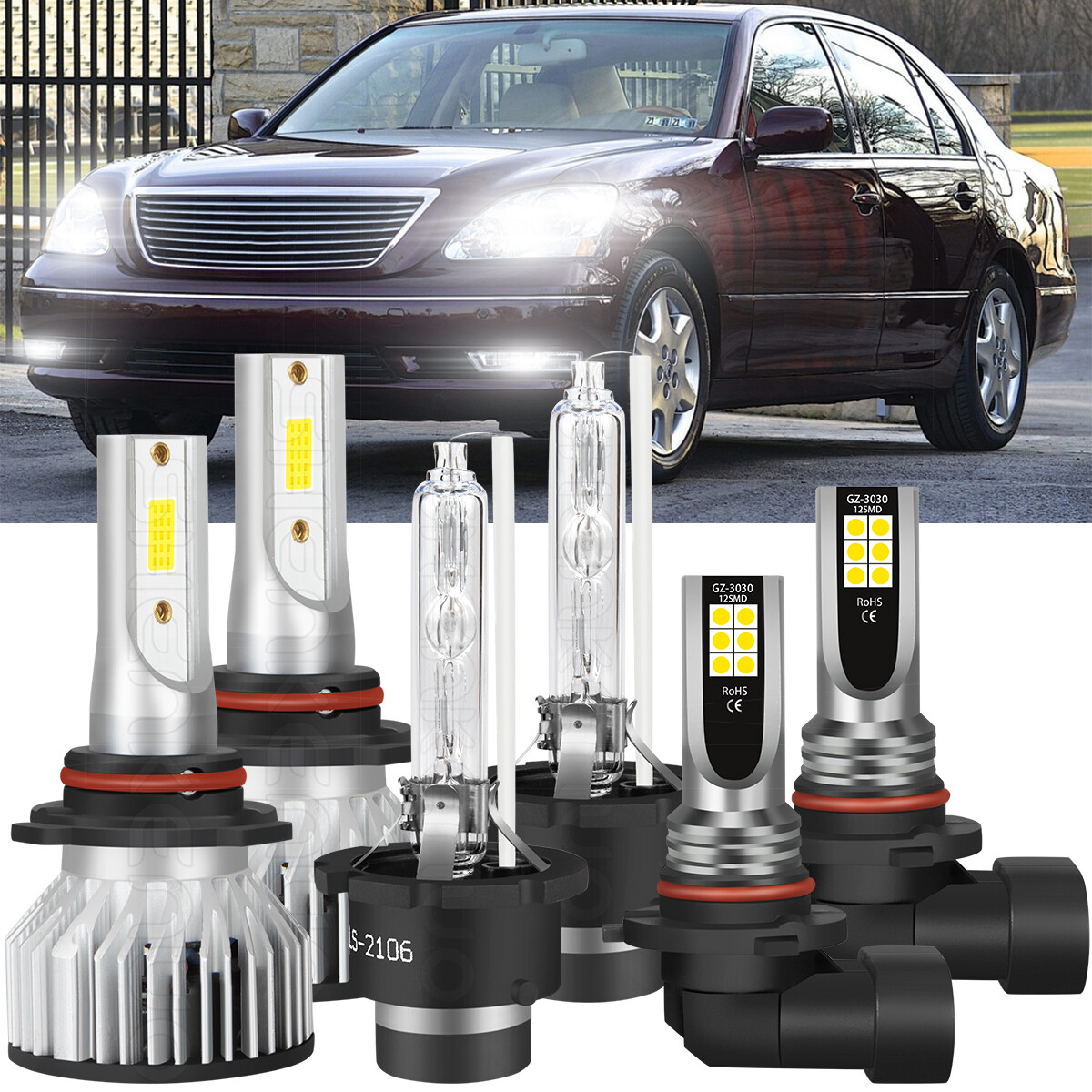 For Lexus LS430 2004-06 LED HID Headlight High Low Beam Fog Light 6*Bulbs Kit