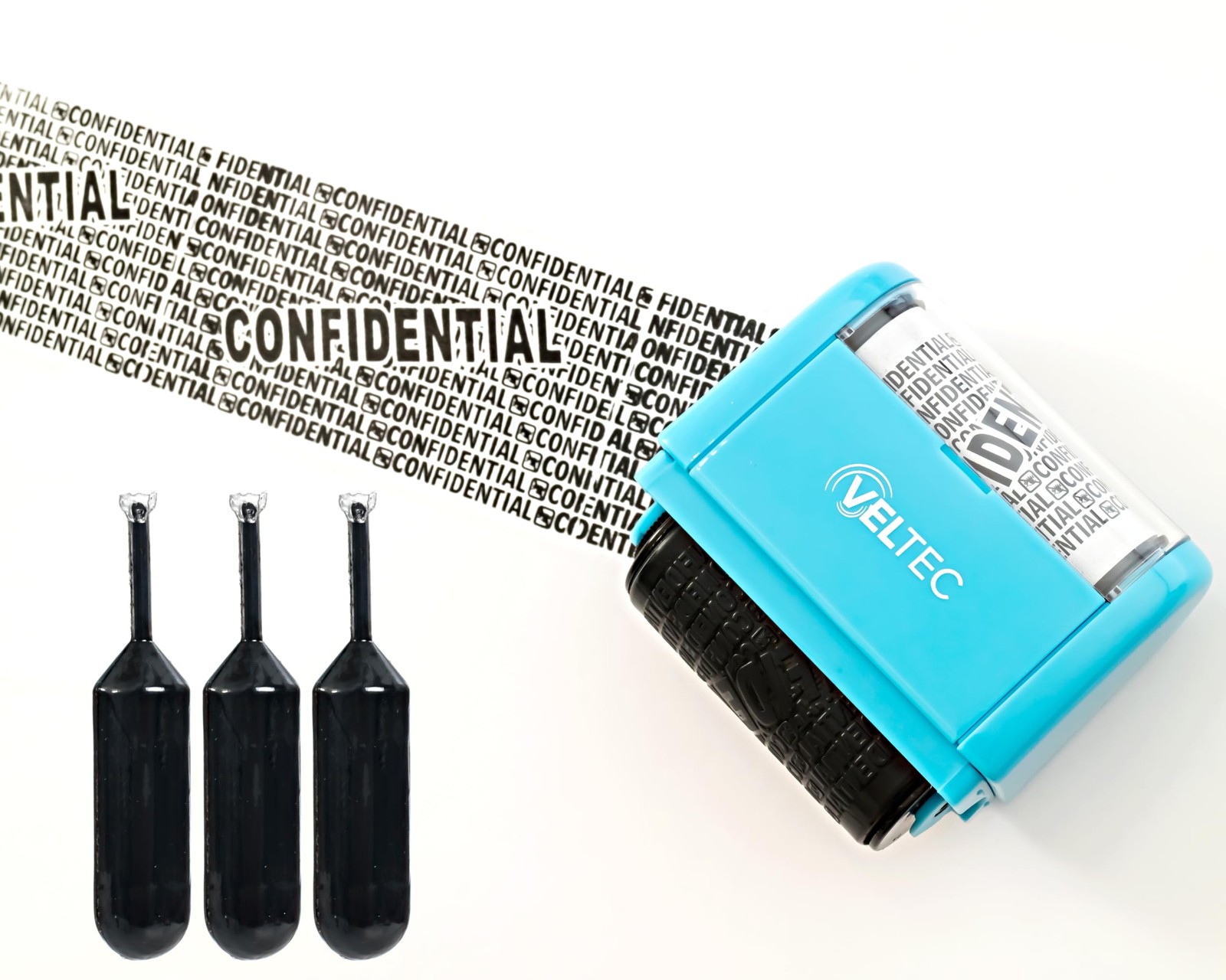Veltec ID Protector Ink Roller - Identity Theft Stamp+3 Refills, Blue