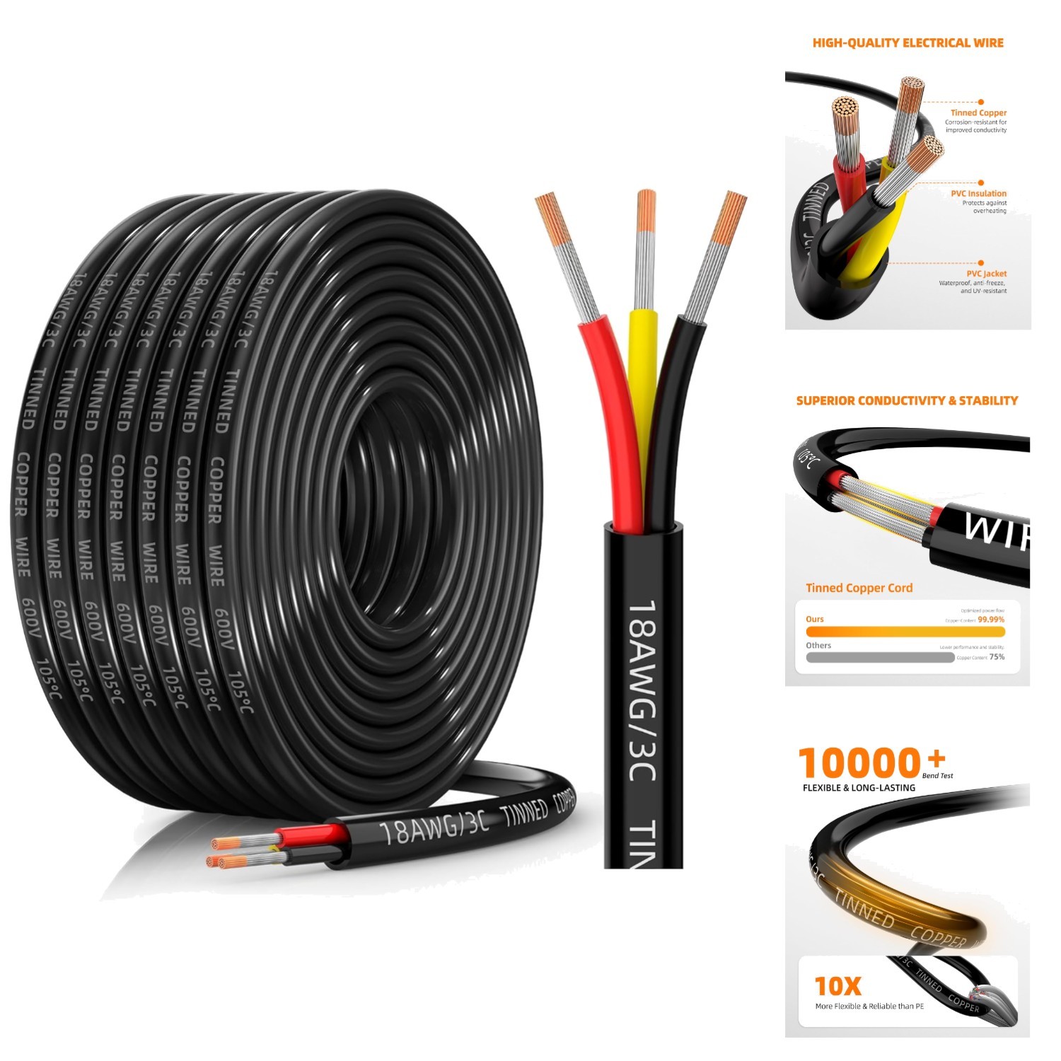 18/3 Gauge Low Voltage Wire 3 Conductor Tinned Copper Stranded Marine Solar 30FT