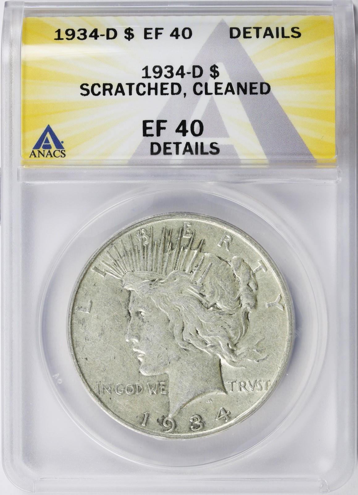 1934-D $1 Peace Silver Dollar $1 ANACS EF40 Details - Scratched, Cleaned