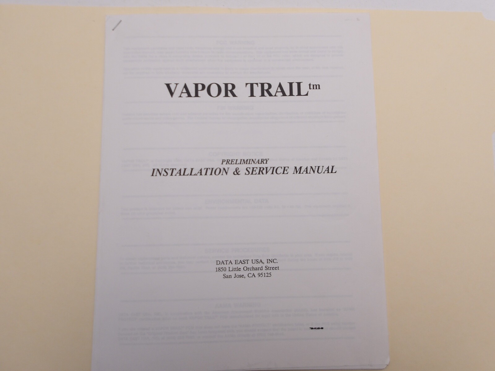 Data East: Vapor Trail - Preliminary Installation & Service Manual NOS