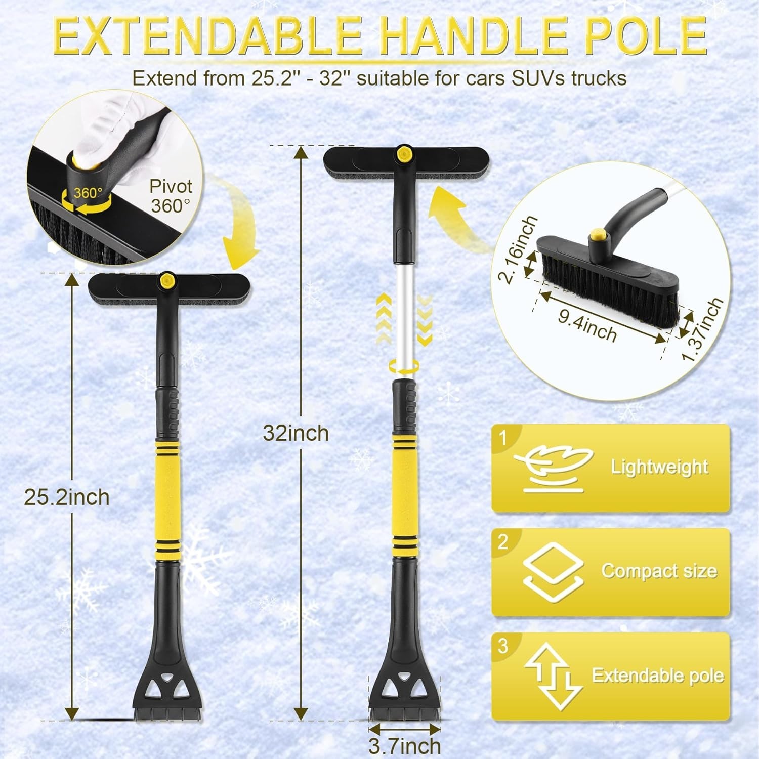 32" Extendable Ice Scraper & Snow Brush for Car Windshield, 360° Rotating Sno...