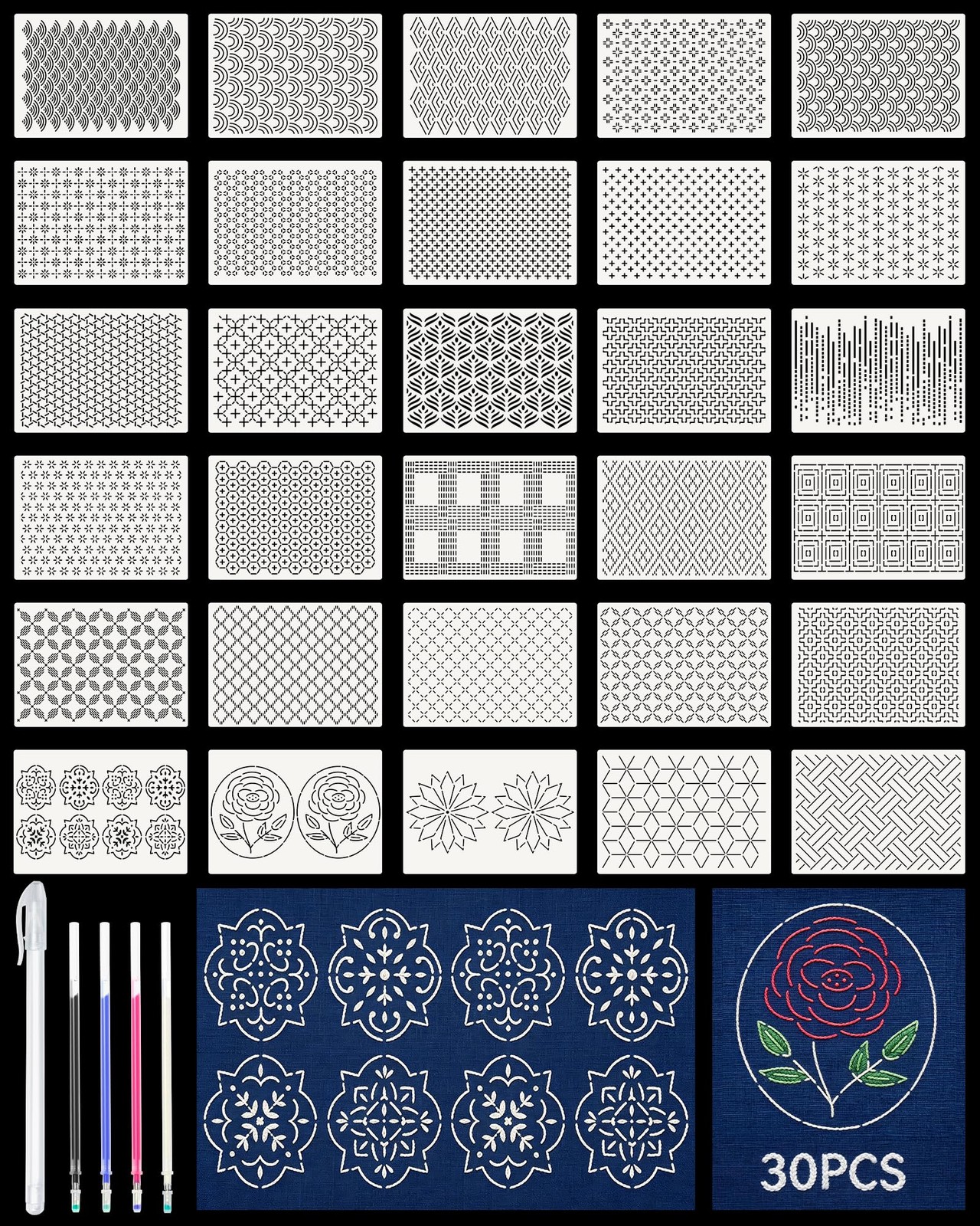 30PCS Sashiko Stencils Kit-5.9inx8.3in Sashiko Template with 4 Heat Erasable ...