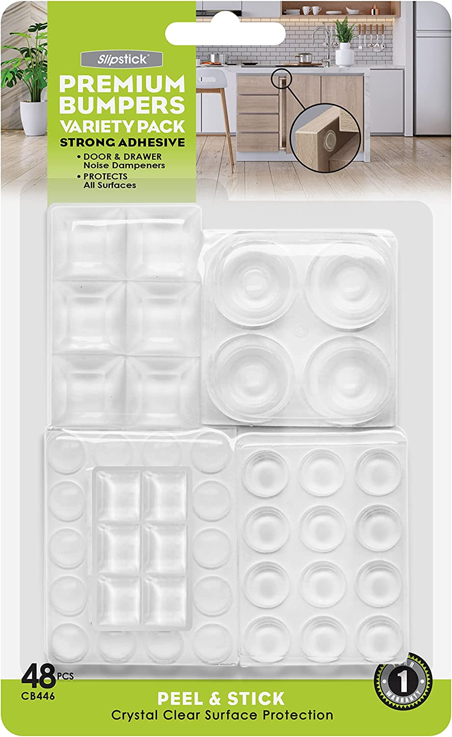 Slipstick Premium Adhesive Clear Bumper Pads 48 Piece Variety Pack, Round and Sq