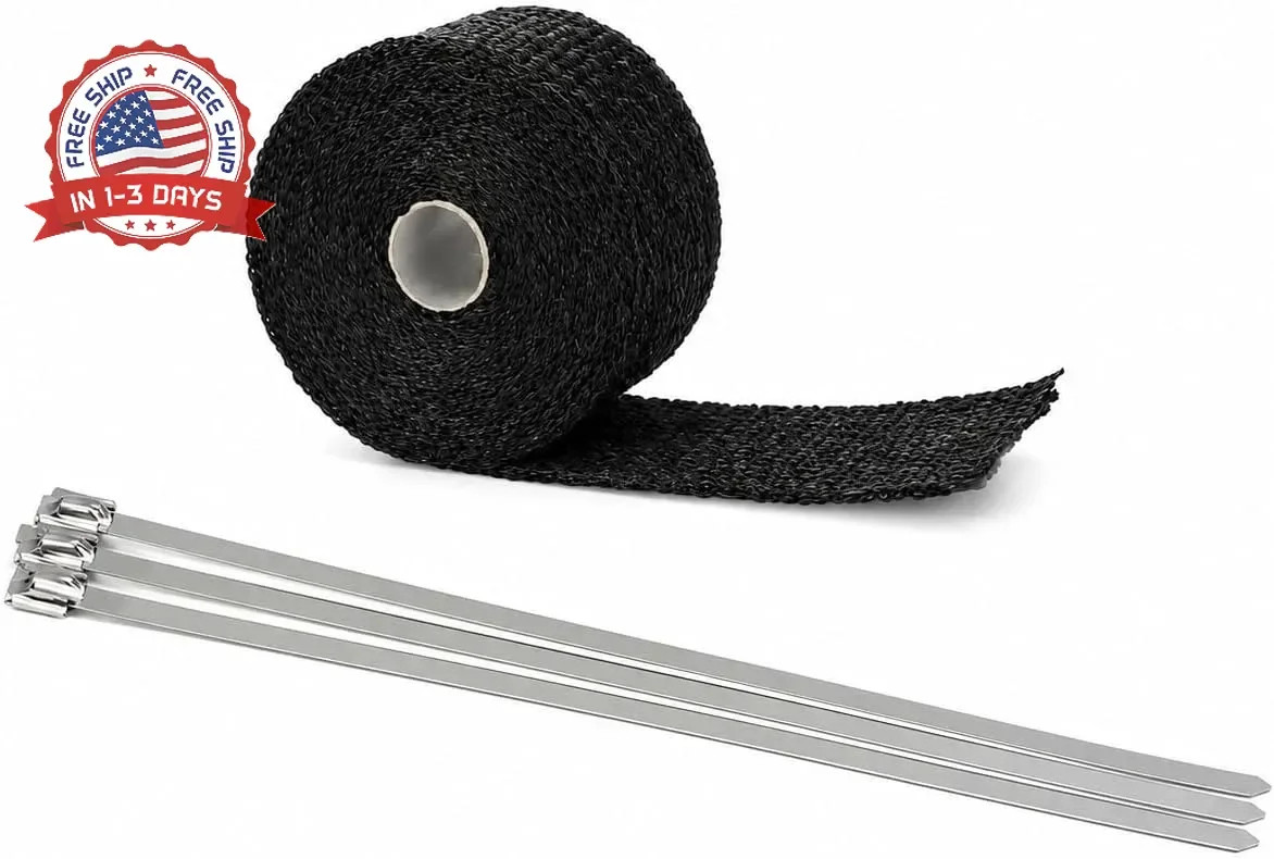 Black Fiberglass Exhaust Header Wrap 2" x 16.5' with 5pcs 11.8 Inch St