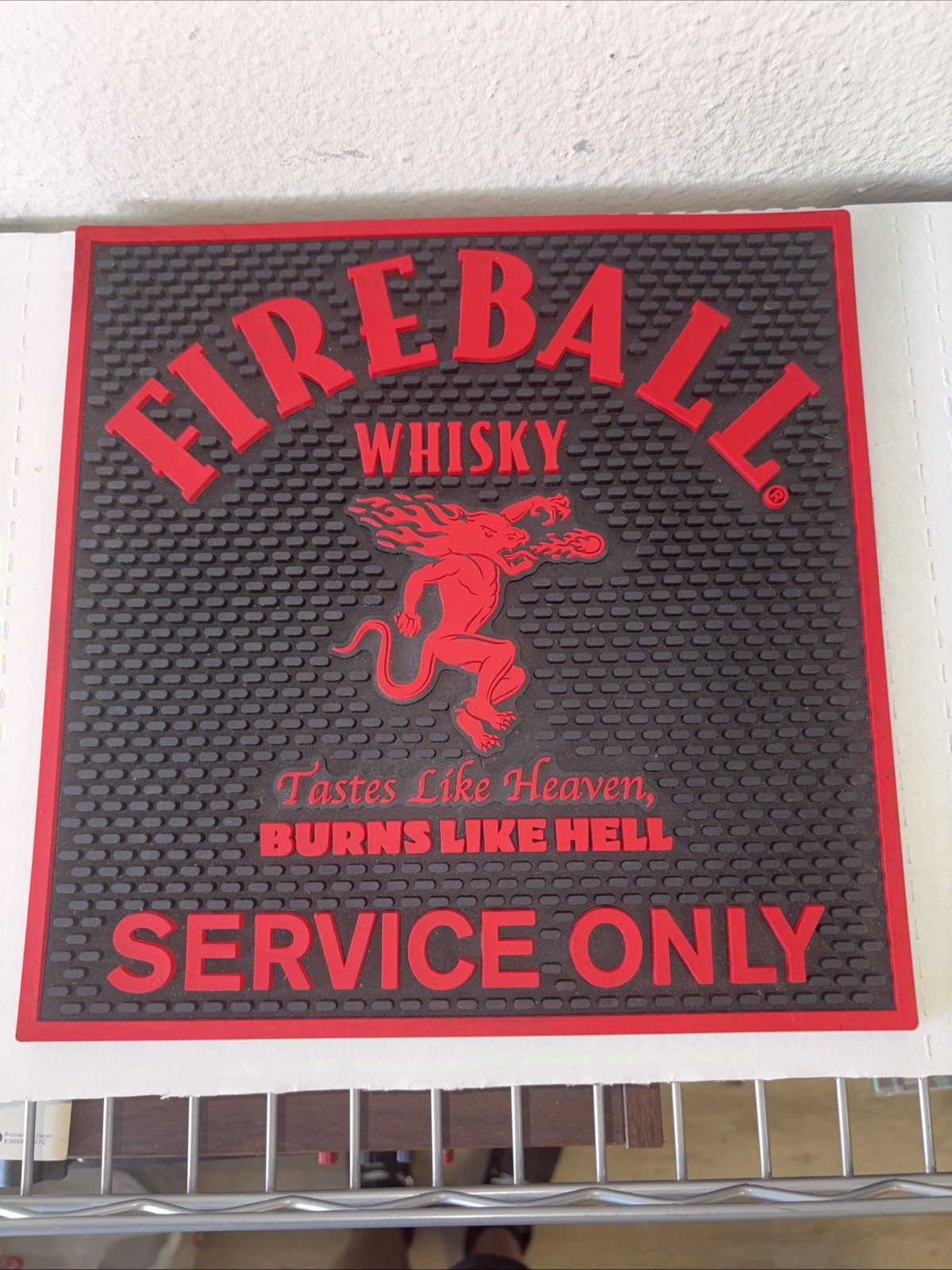 FIREBALL Cinnamon Whisky Square Service Only Rubber Bar Mat 11.75" Black & Red
