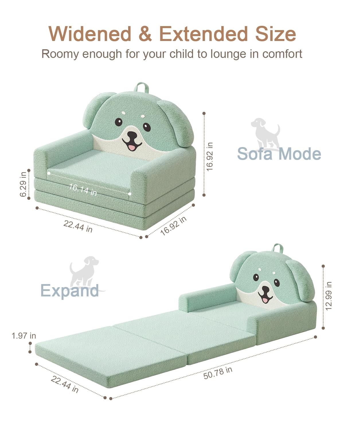 2-in-1 Kids Couch, Soft Toddler Couch Fold Out for Girl and Boys, Dog Design ...