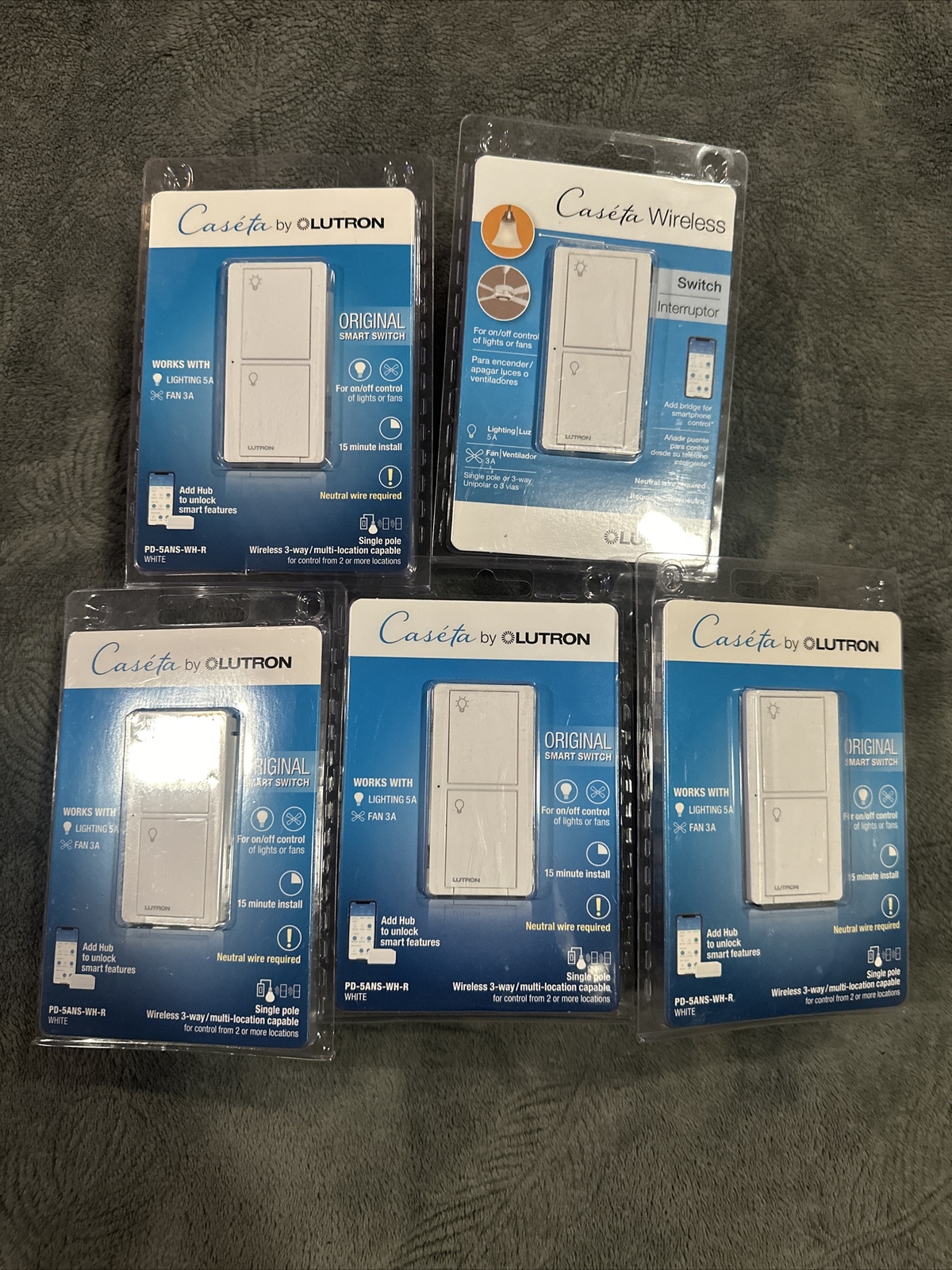 Pack Of 5 Lutron Caseta Wireless Switch PD-5ANS-WH-R Control Lights or Fans NEW