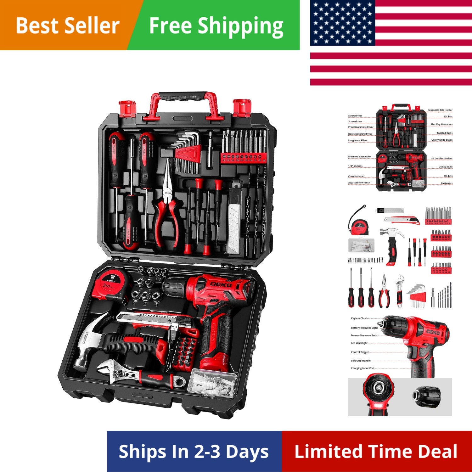 Drill Set: Tool Set with 8V Red Cordless Drill, Home Tool Kit with Drill, Han...