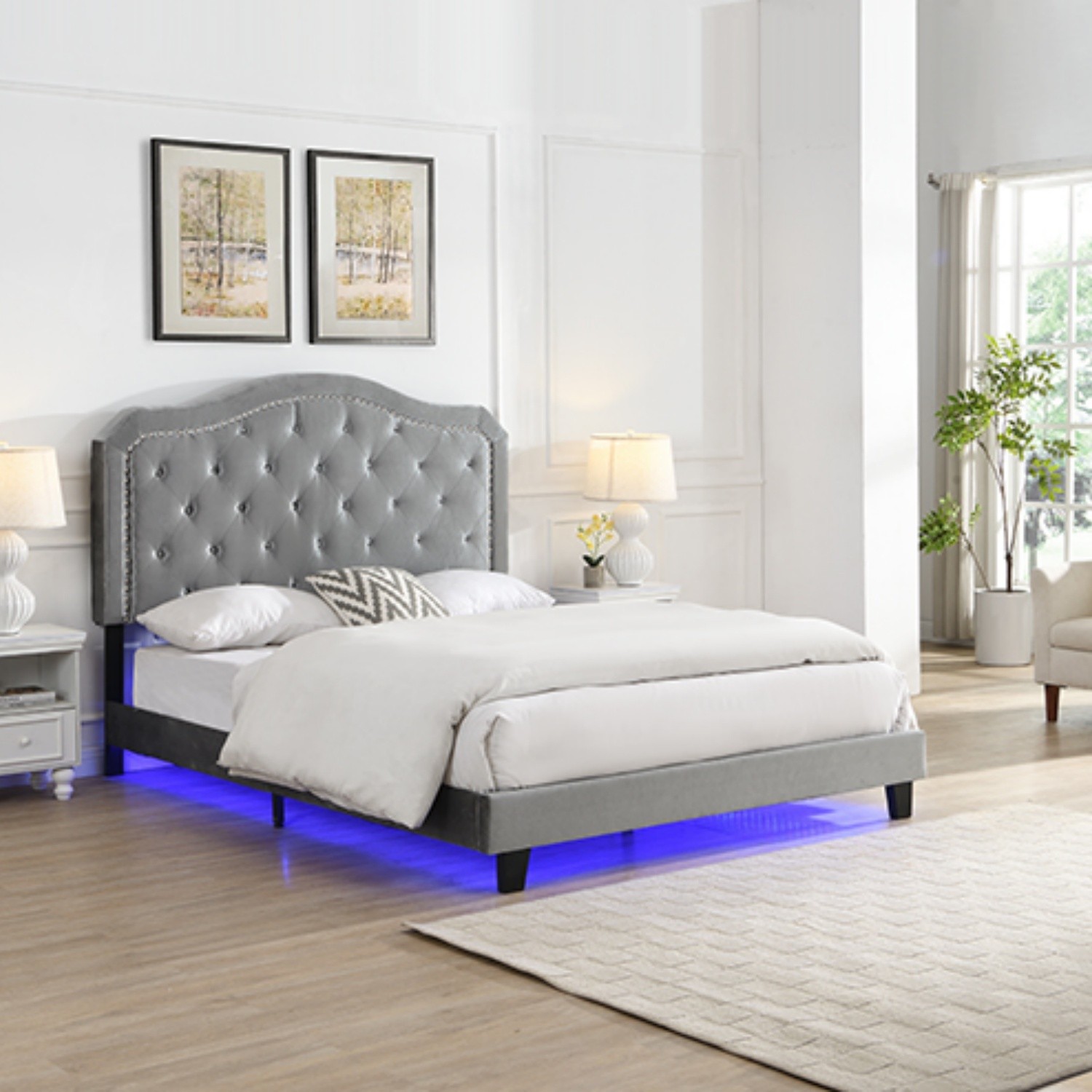Queen Size Bed Frame Upholstered Platform Bed with LED Lights Black/Light Gray