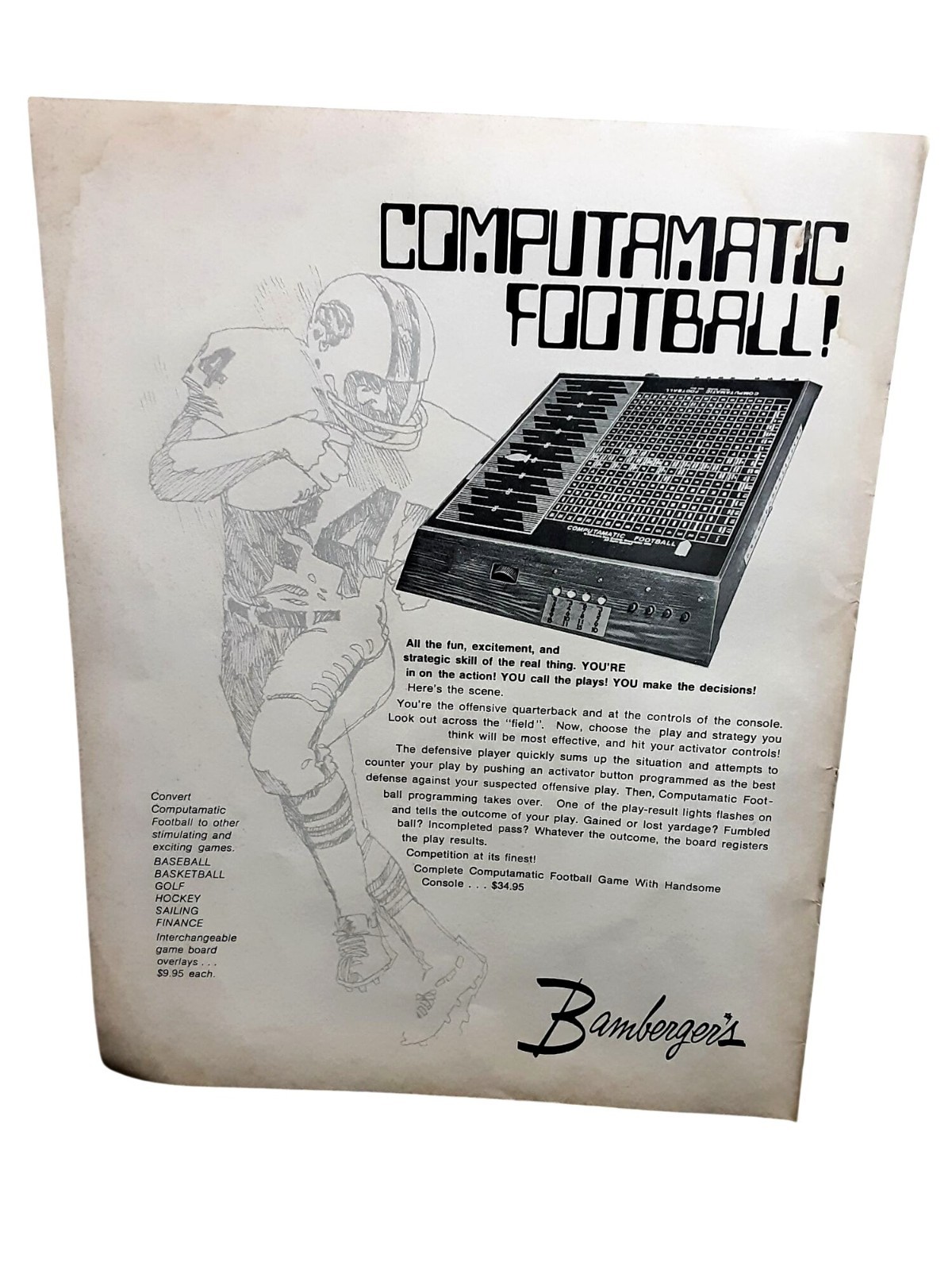 1970 Computamatic Football Vintage Print Ad Early Electronic Game Art Bambergers