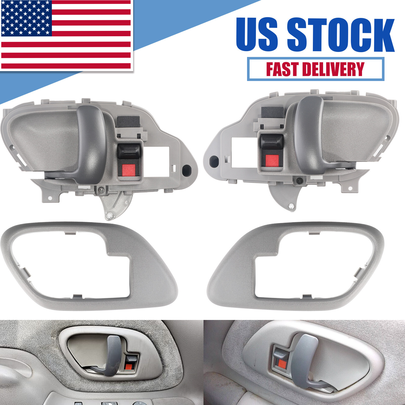Interior Inside Door Handle w/ Bezel Pair Set Gray For 1995-2002 Chevy C1500 GMC