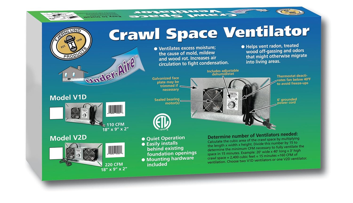 V2D Underaire Crawlspace Ventilator Fan Moisture Mold Reducing,220 Cfm,Silver