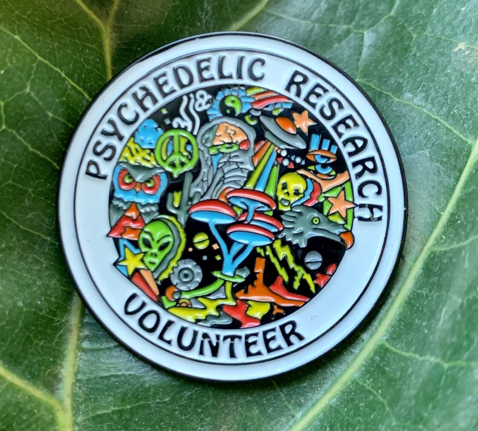 Psychedelic Research Volunteer Trippy Alien Mushroom Morale Enamel Lapel Pin NEW