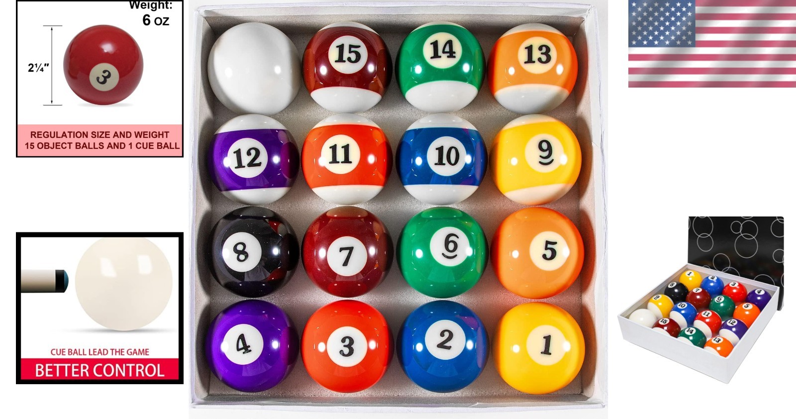 Official Size Billiard Balls - 2-1/4" Pool Table Set