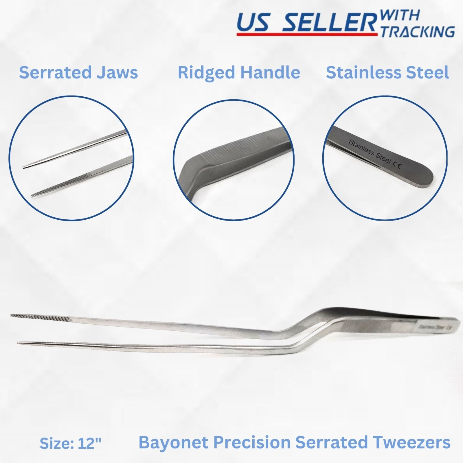High Precision General Purpose Lab Forceps Offset Tweezers Fine Serrated Tip 12"