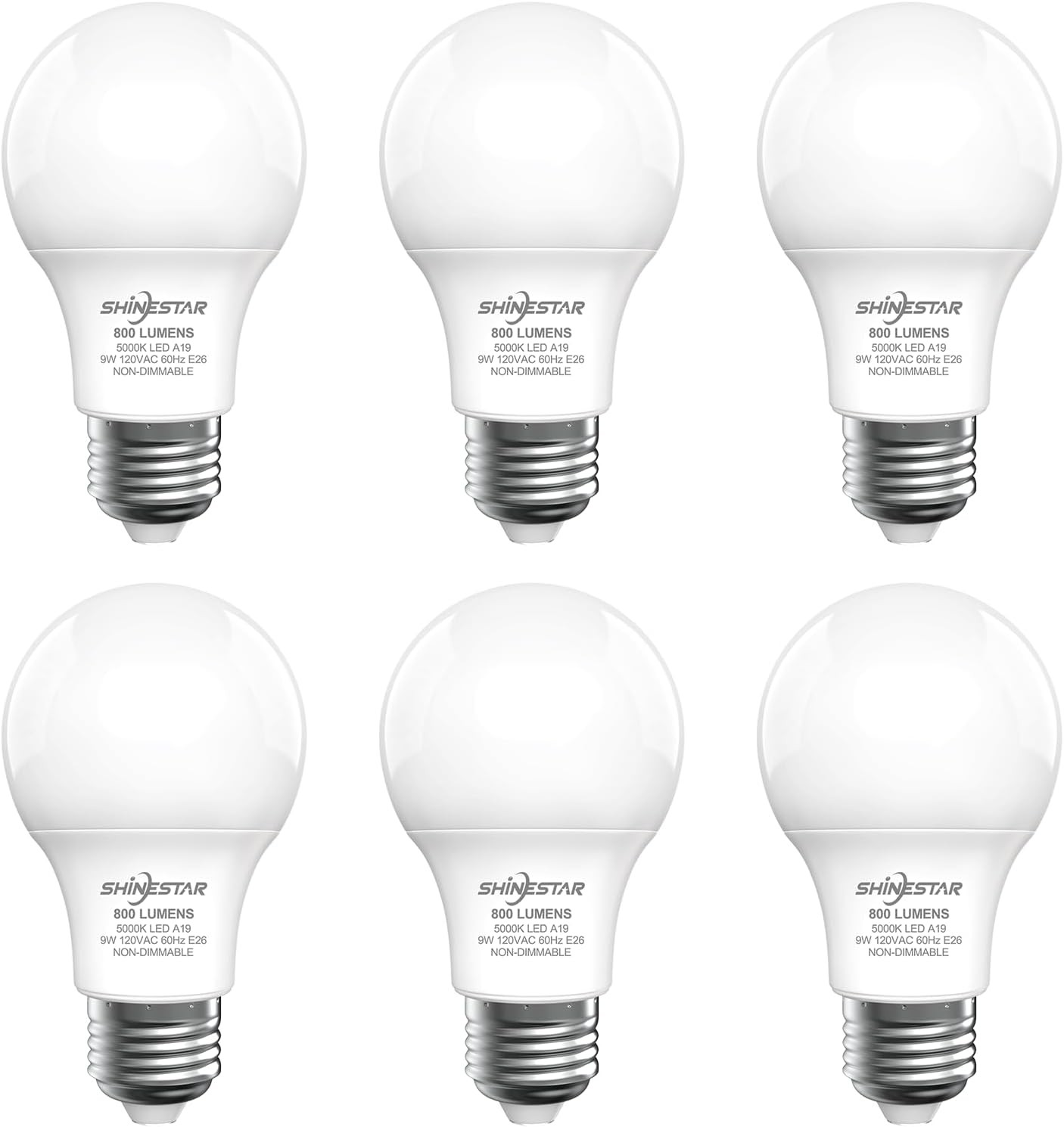 6 PACK A19 LED Light Bulb 9W 800 Lumen 60W Equivalent 5000K Daylight White