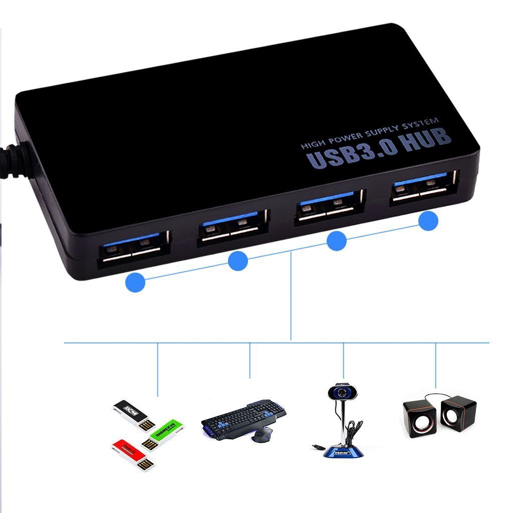 4 Port USB 3.0 Hub Cable Power Adapter Splitter Multiple Extender for Laptop
