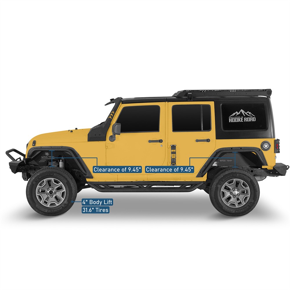 Hooke Road Front & Rear Compact Tube Fender Flares Fit 07-18 Jeep Wrangler JK