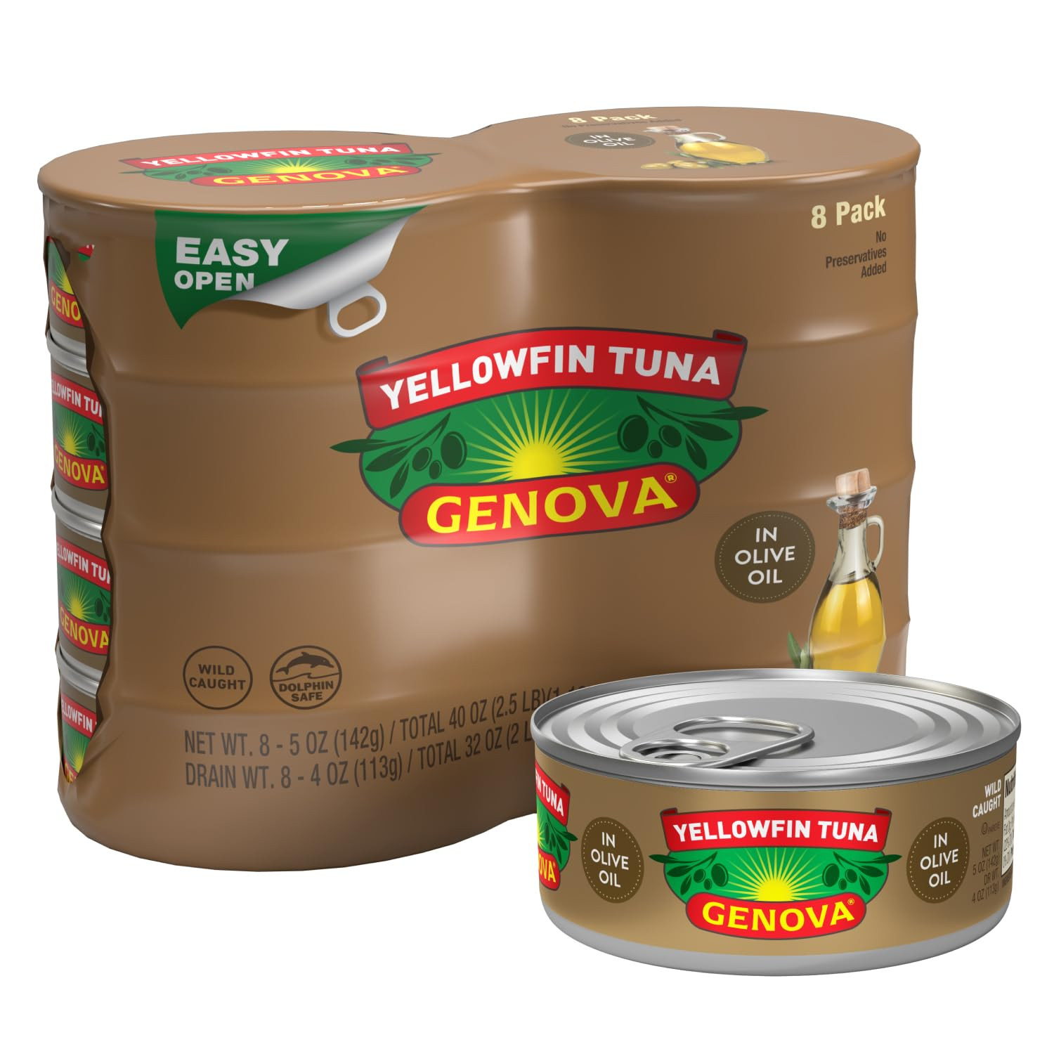 Genova Premium Yellowfin Tuna in Olive Oil, Wild Caught, Solid Light, 5 Oz. Can
