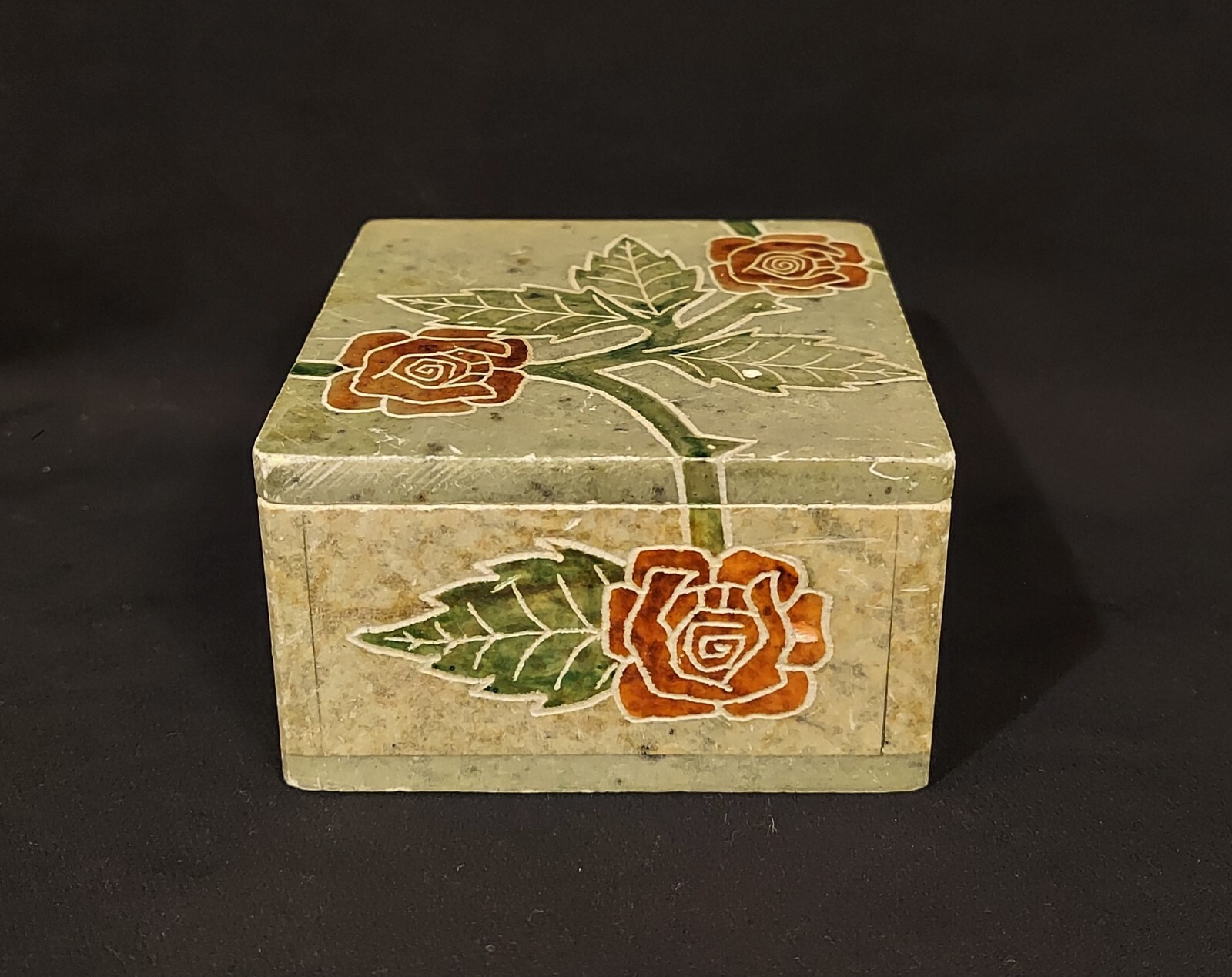 Carved Stone With Handpainted Roses Trinket Box